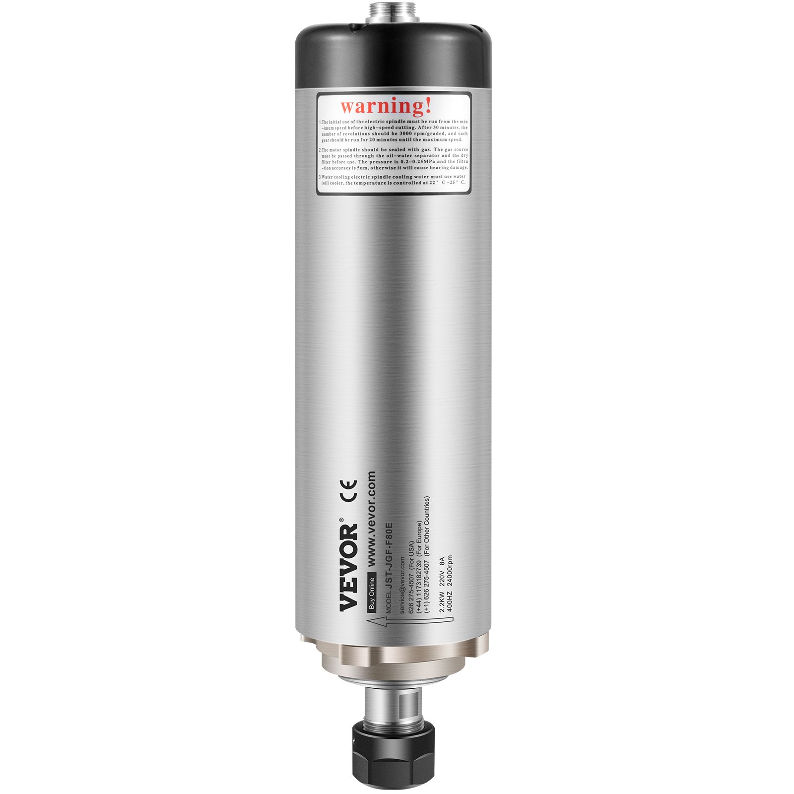 Motor de husillo CNC VEVOR en acabado de acero inoxidable cepillado con etiqueta de advertencia.
