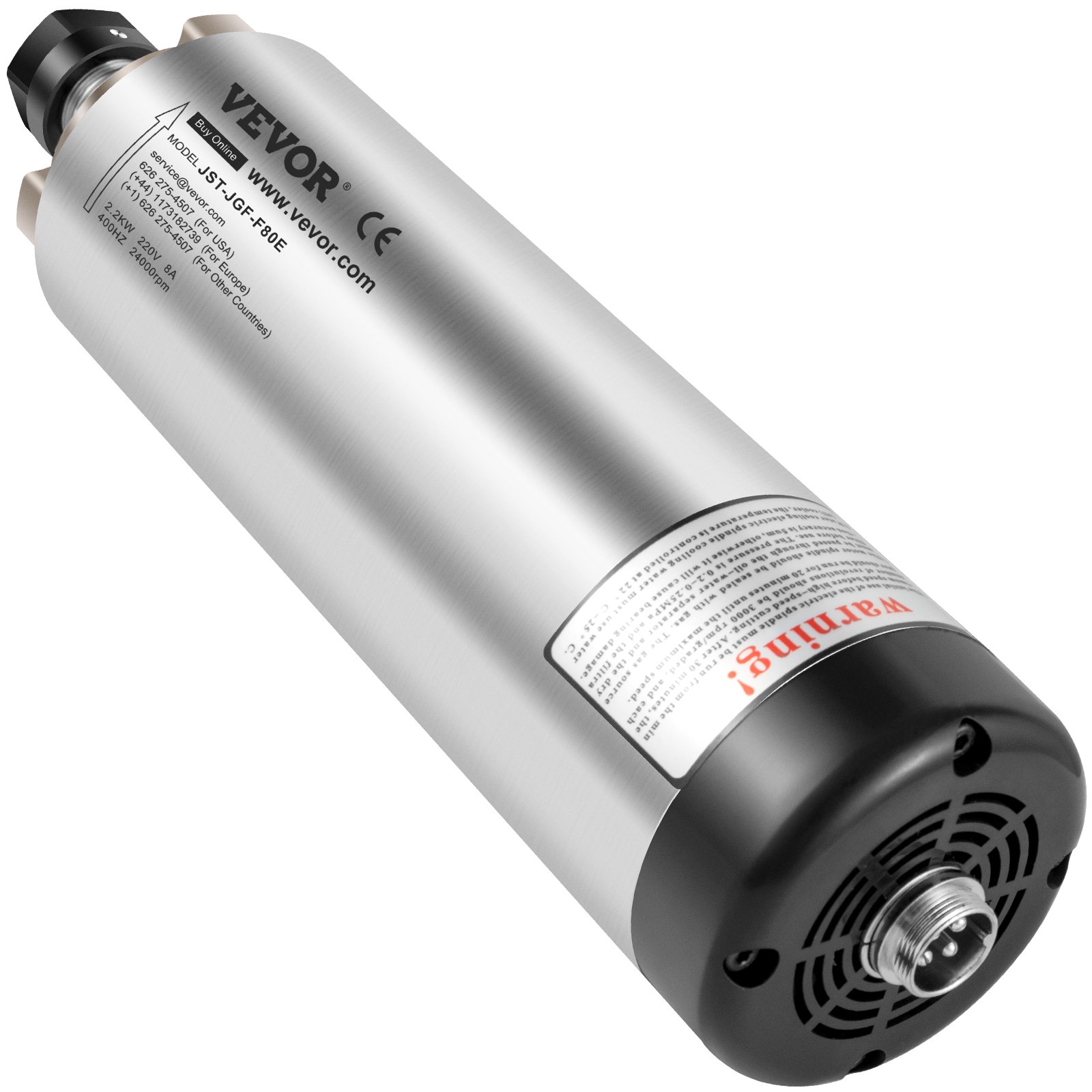 Motor de husillo CNC VEVOR en acabado de metal cepillado con etiqueta de advertencia y puertos de conexión.