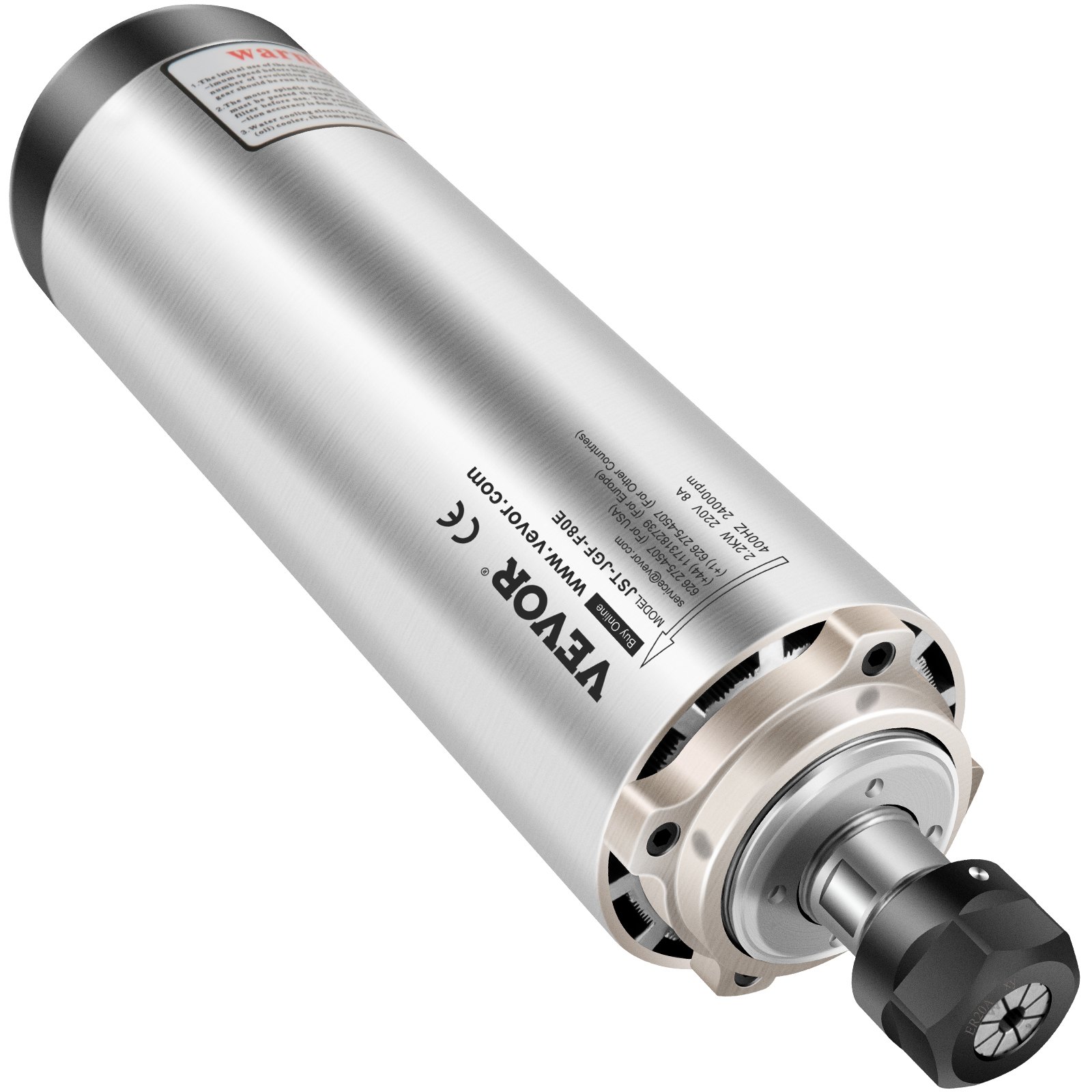 Motor de husillo CNC VEVOR con acabado en metal plateado y especificaciones técnicas visibles.