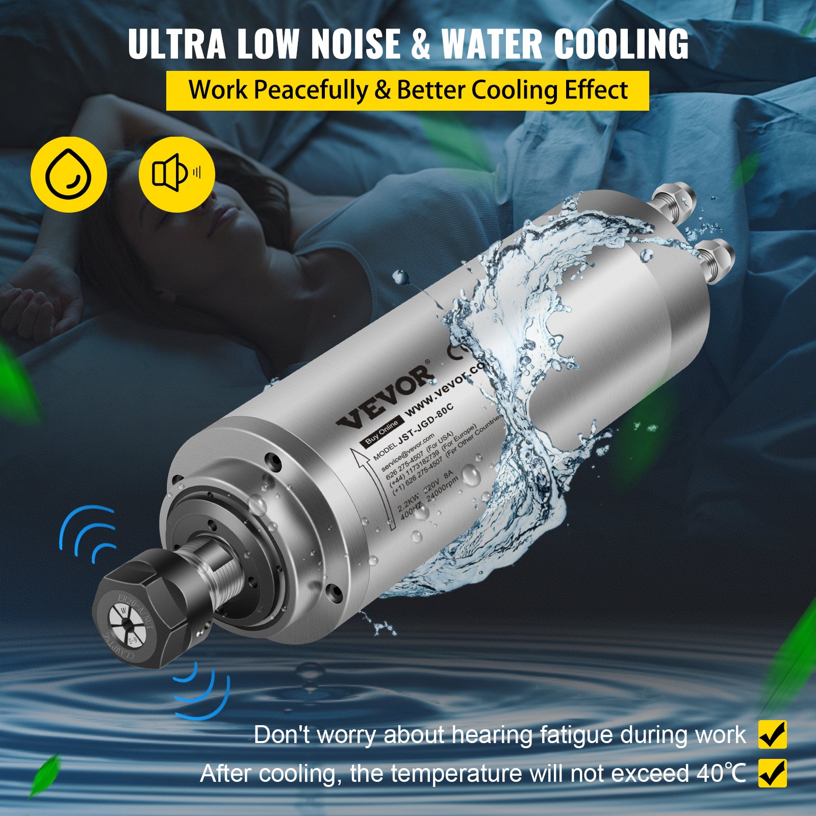 Motor de husillo VEVOR 2.2KW Motor de husillo CNC refrigerado por agua 2HP ER20 Motor de fresado CNC 8000-24000 R/min para fresadora PCB