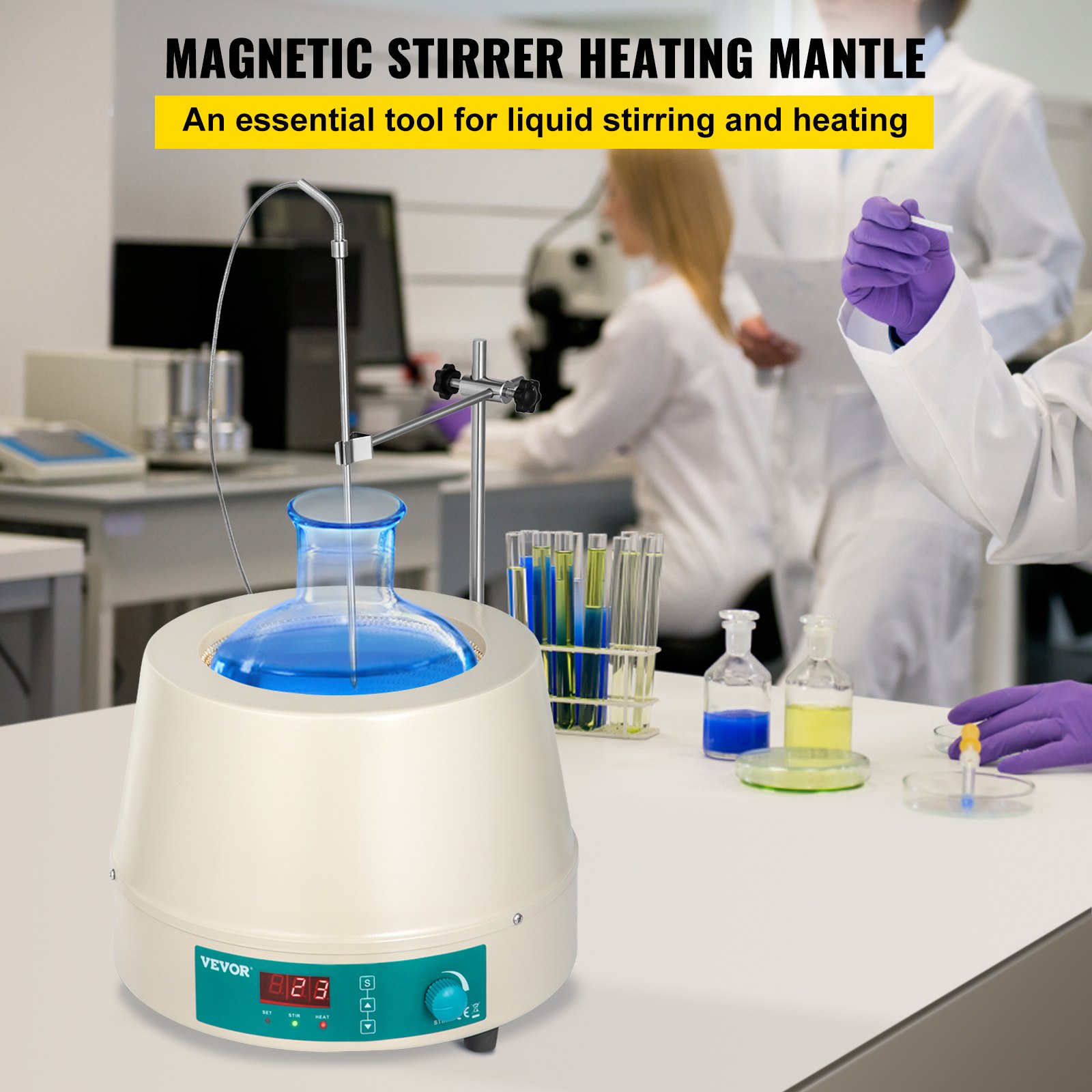 Manta calefactora VEVOR de 2000 ml en un entorno de laboratorio con científicos y tubos de ensayo