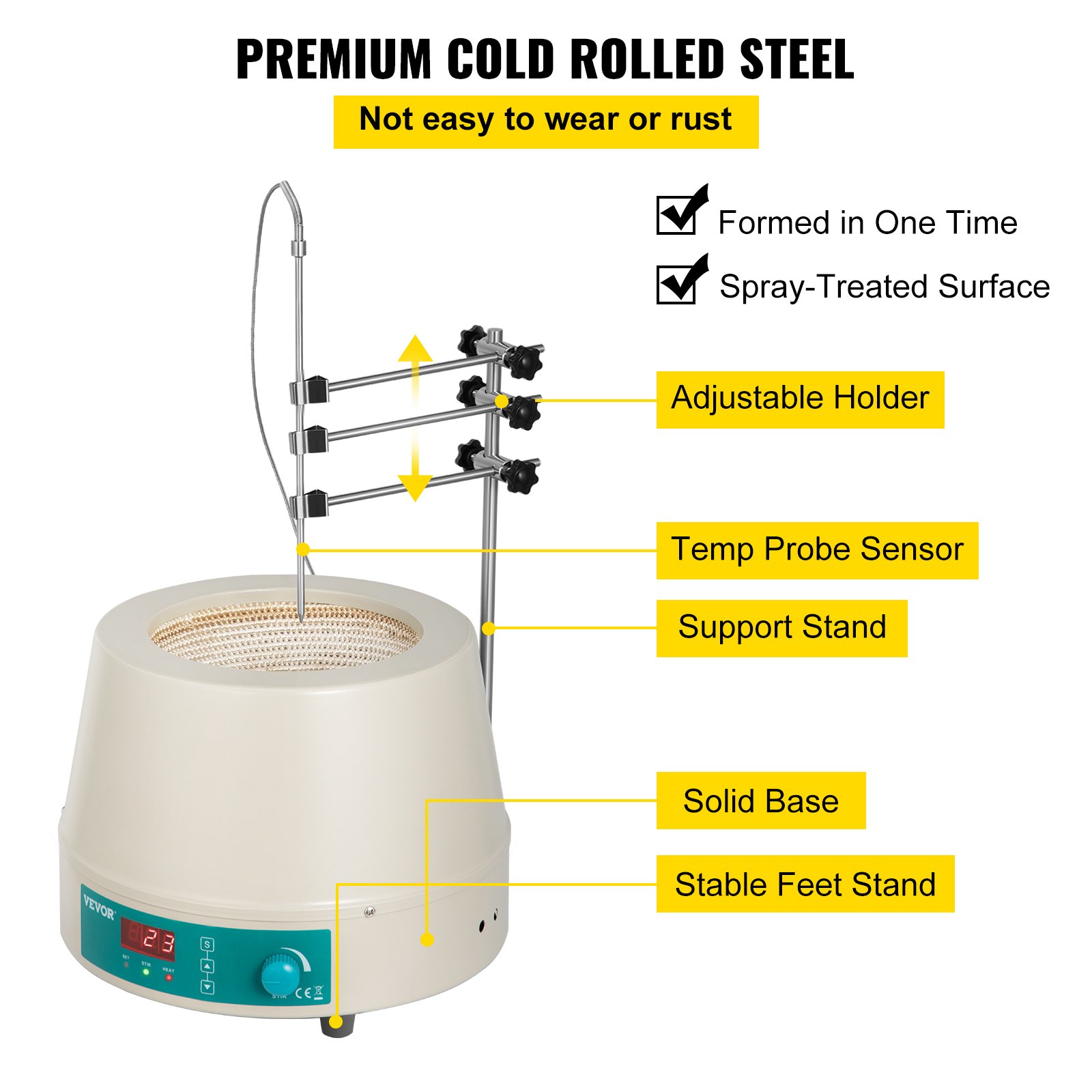 Manta calefactora VEVOR de 2000 ml con soporte ajustable, sensor de sonda de temperatura y base sólida.