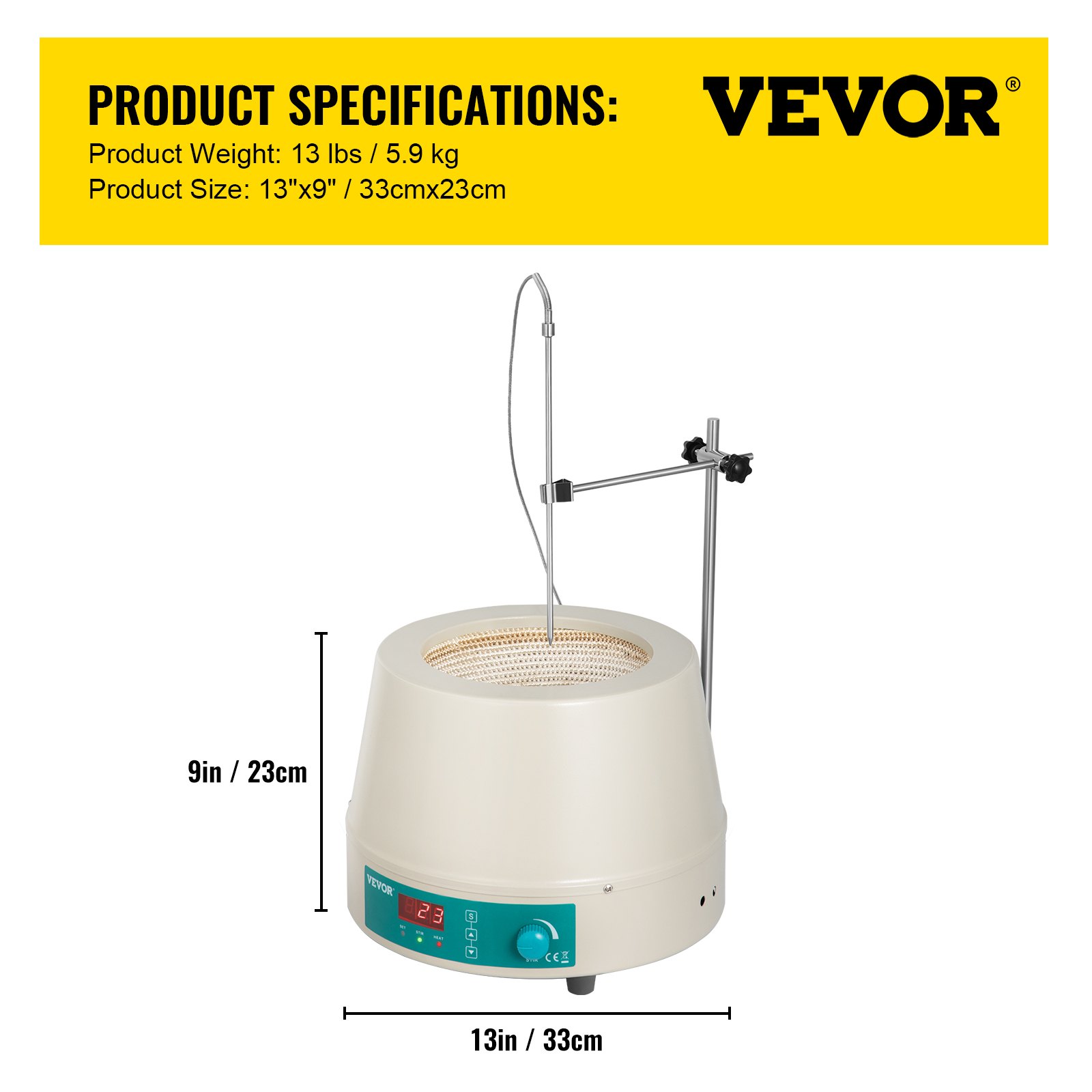 Manta calefactora VEVOR 2000ml con especificaciones y dimensiones