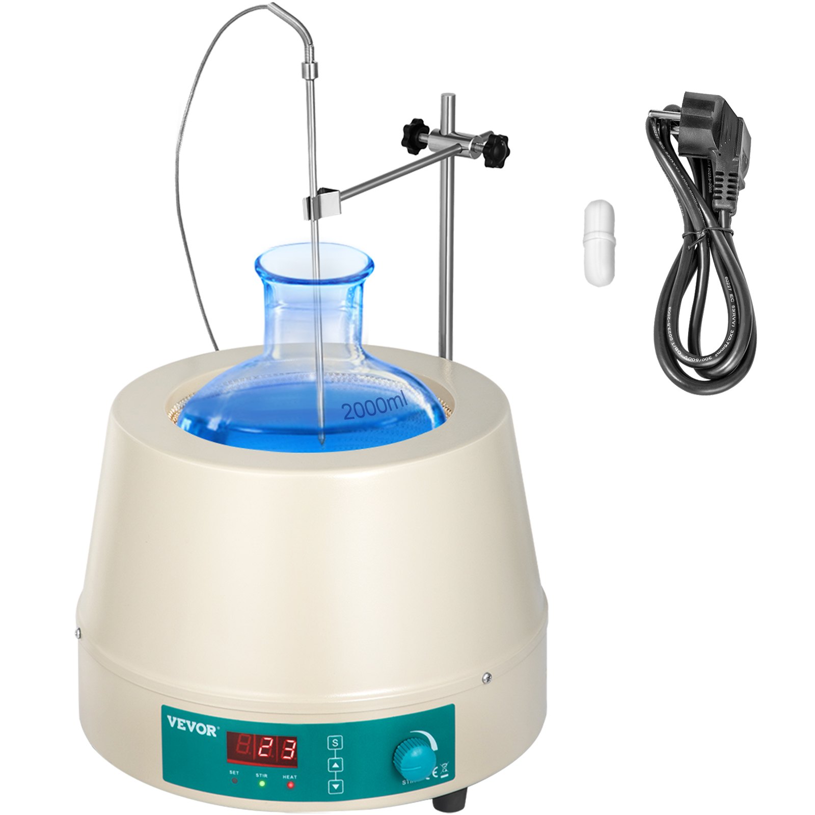 Manta calefactora VEVOR de 2000 ml con matraz, sonda de temperatura y cable de alimentación.