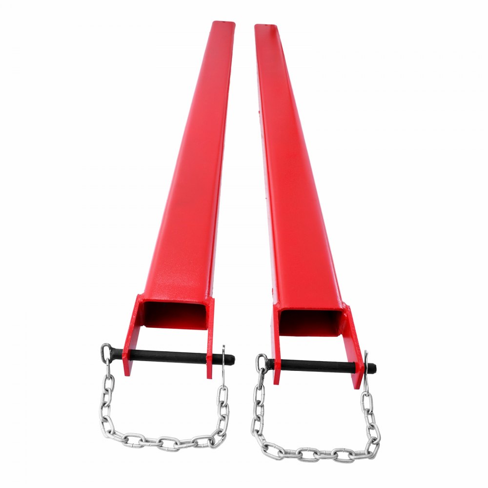 Extensiones de horquillas para paletas VEVOR rojas con cadenas de seguridad.
