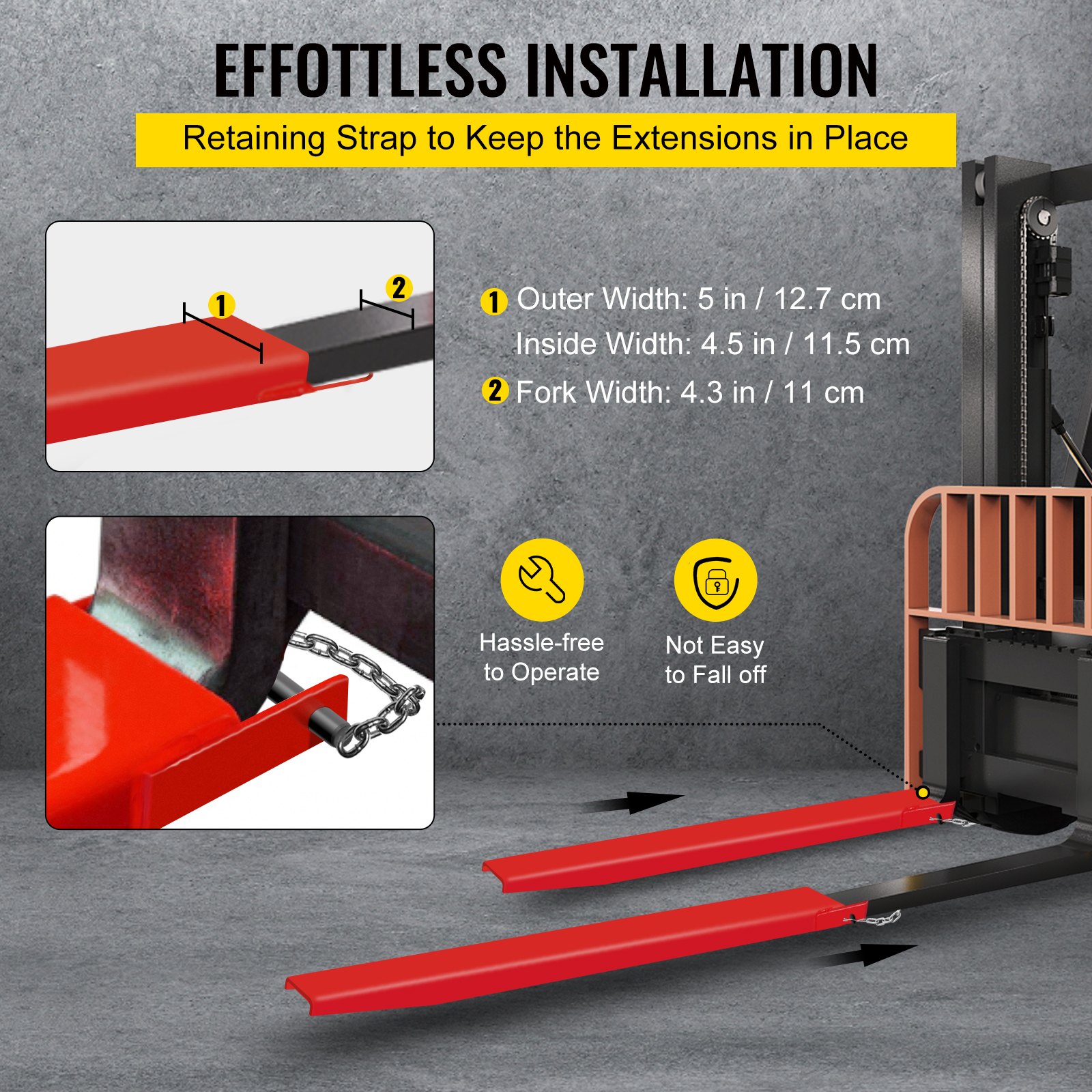 Extensiones de horquillas para paletas VEVOR que muestran una fácil instalación con un funcionamiento sin complicaciones.