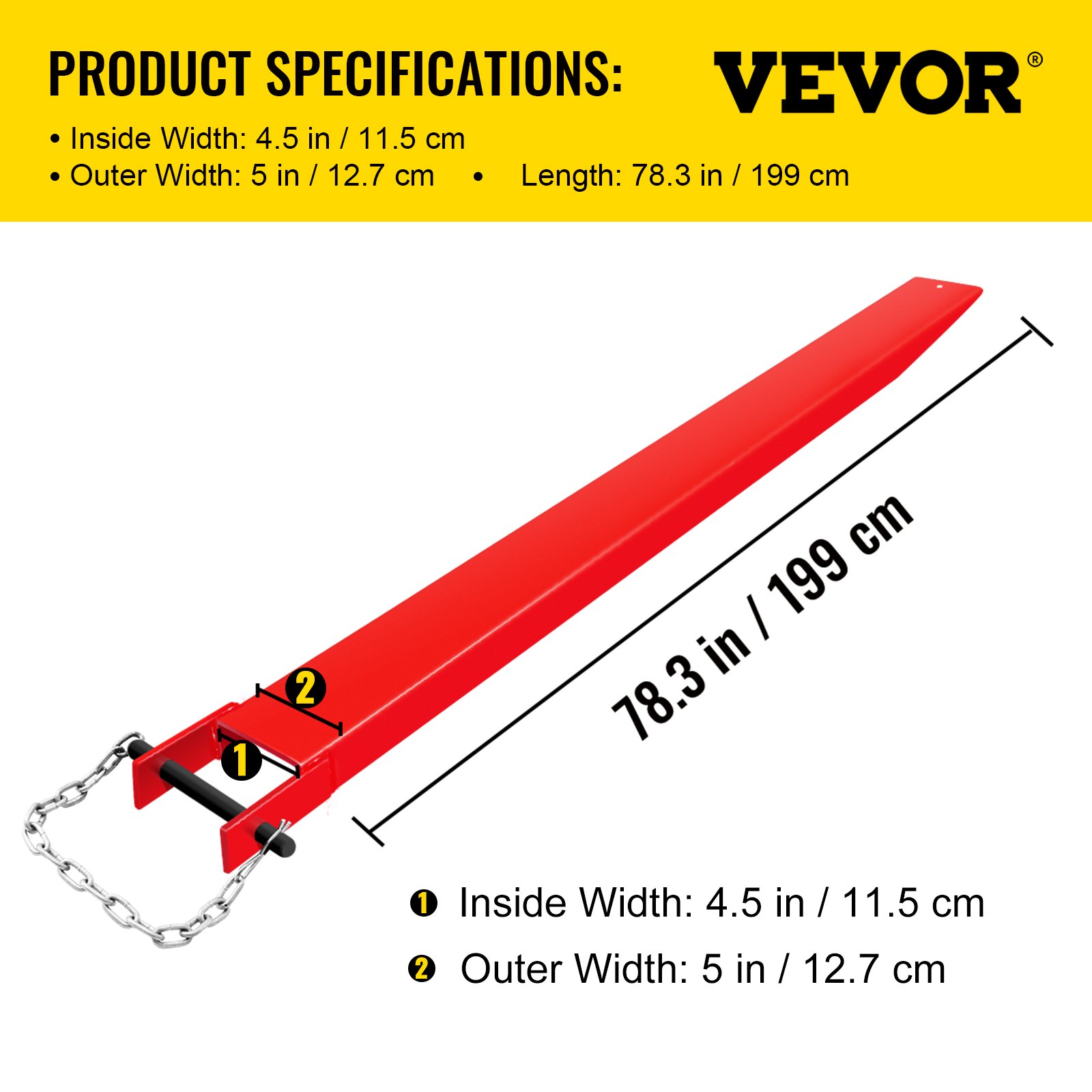 Extensiones de horquilla para paletas VEVOR rojas, 78,3 pulgadas de largo, con especificaciones de ancho.