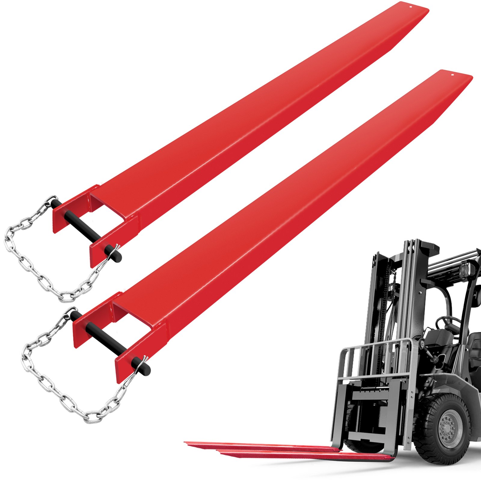 Extensiones de horquillas para paletas VEVOR rojas unidas a una carretilla elevadora, listas para levantar objetos pesados.