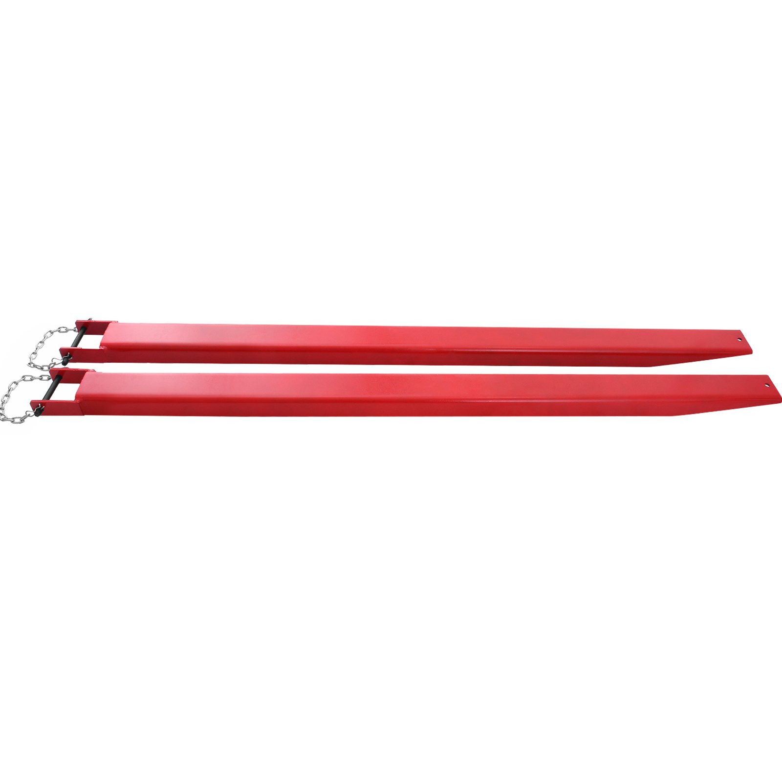 Extensiones de horquillas para paletas VEVOR rojas con cadenas de seguridad.
