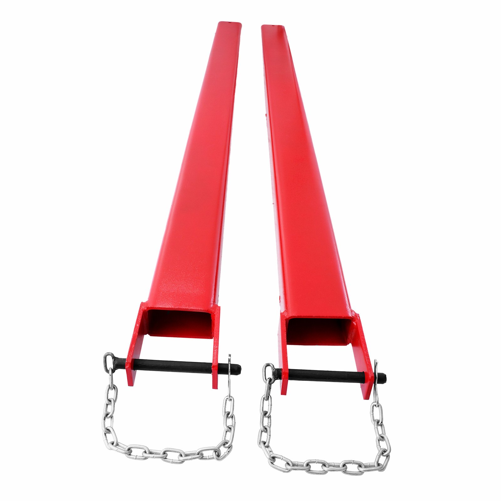 Extensiones de horquillas para paletas VEVOR rojas con cadenas de seguridad.