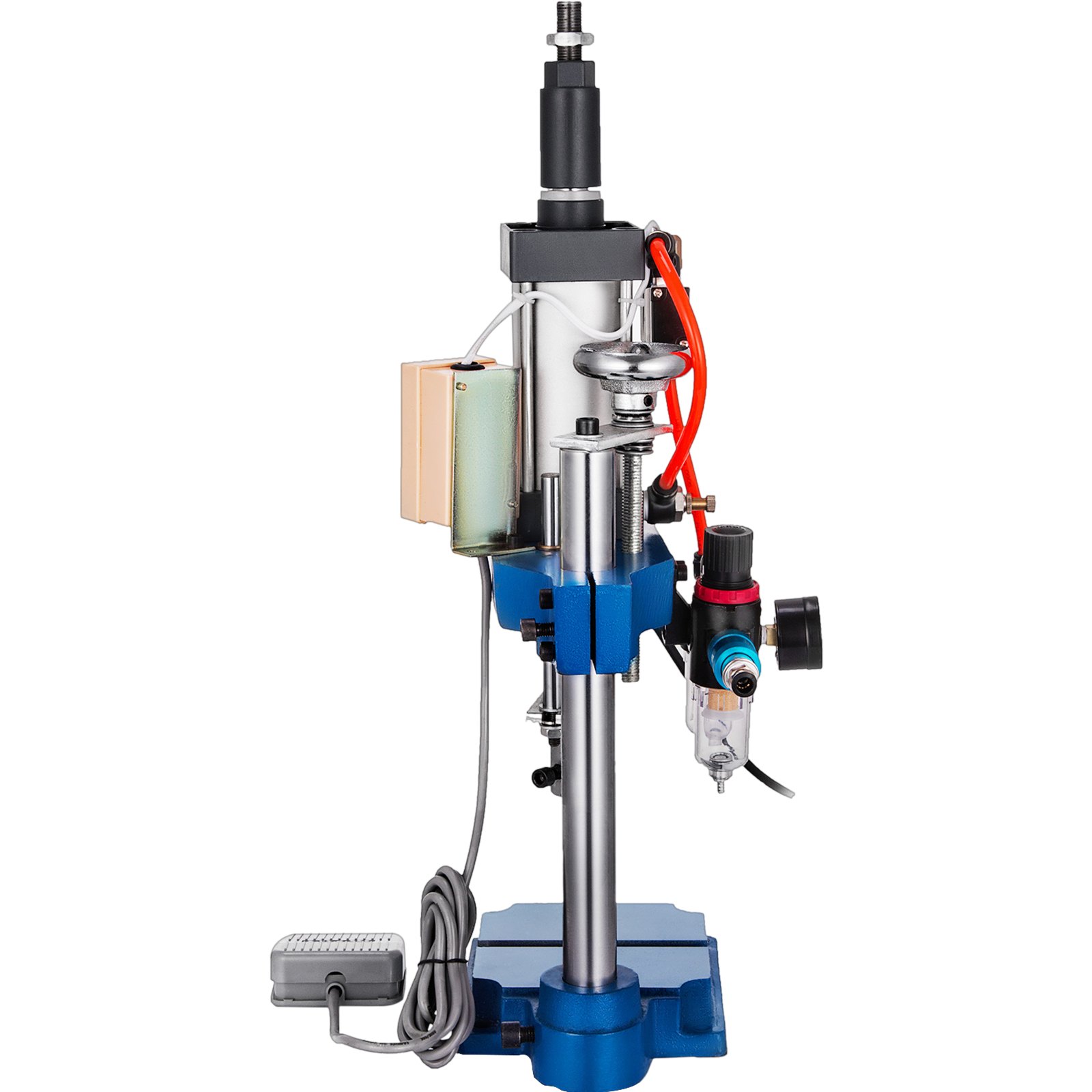 Prensa punzonadora VEVOR con base azul y pedal incorporado.
