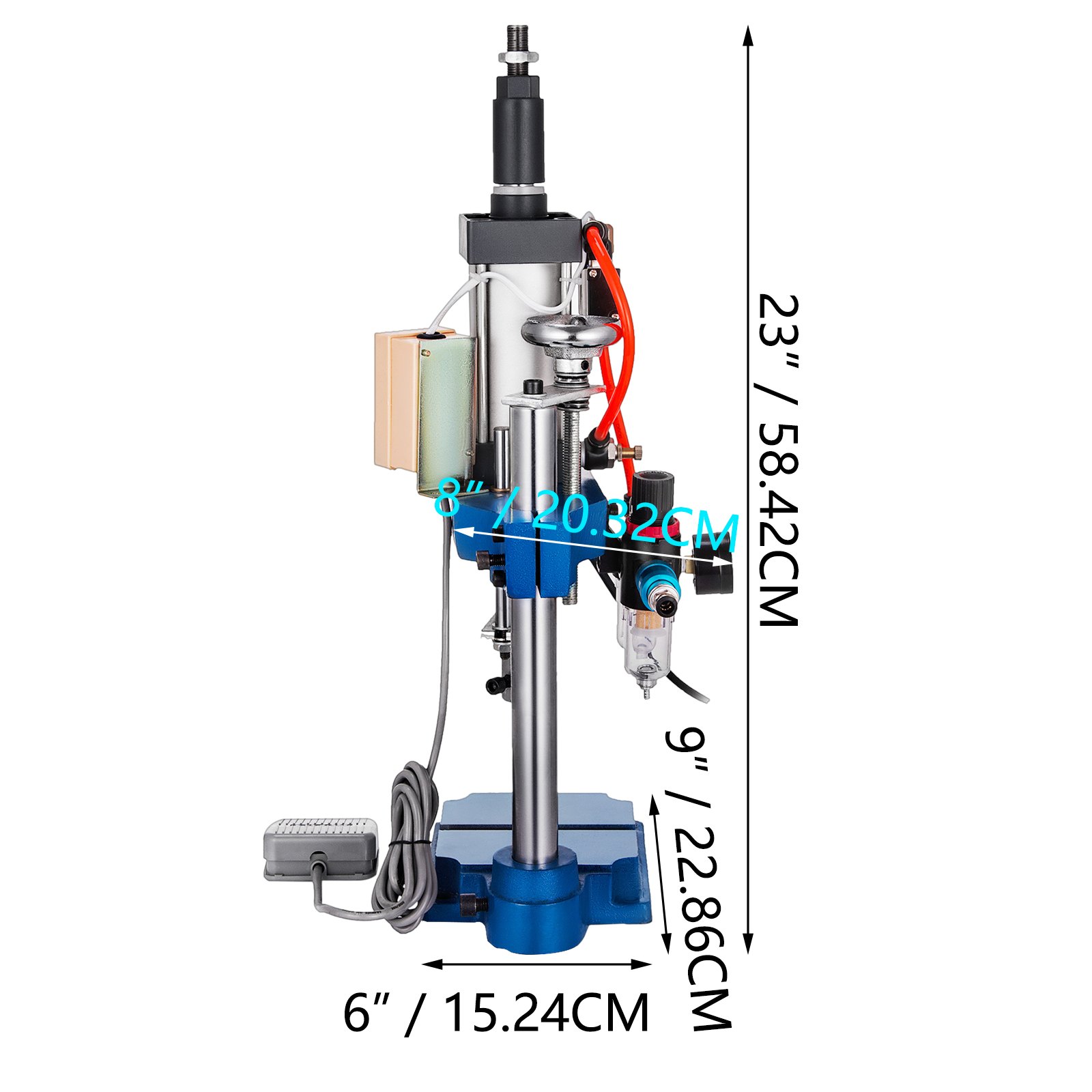 Prensa punzonadora VEVOR con dimensiones de 23&quot; x 9&quot; x 6&quot; y ajuste de altura de 8&quot;.