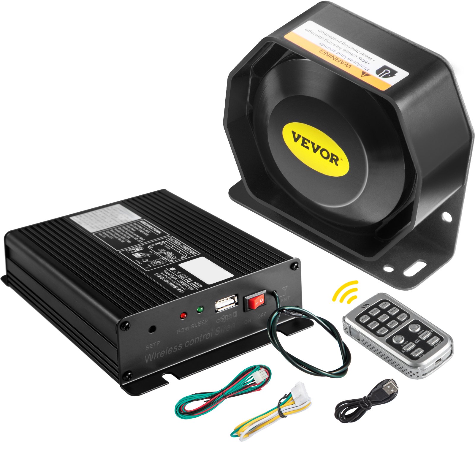 VEVOR 200W 18 Sonido Fuerte Alarma de advertencia para automóviles y camiones Sirena de policía Cuerno 18 Tonos Bomberos Ambulancia Sirena electrónica de emergencia Kit de bocina Sistema PA MIC