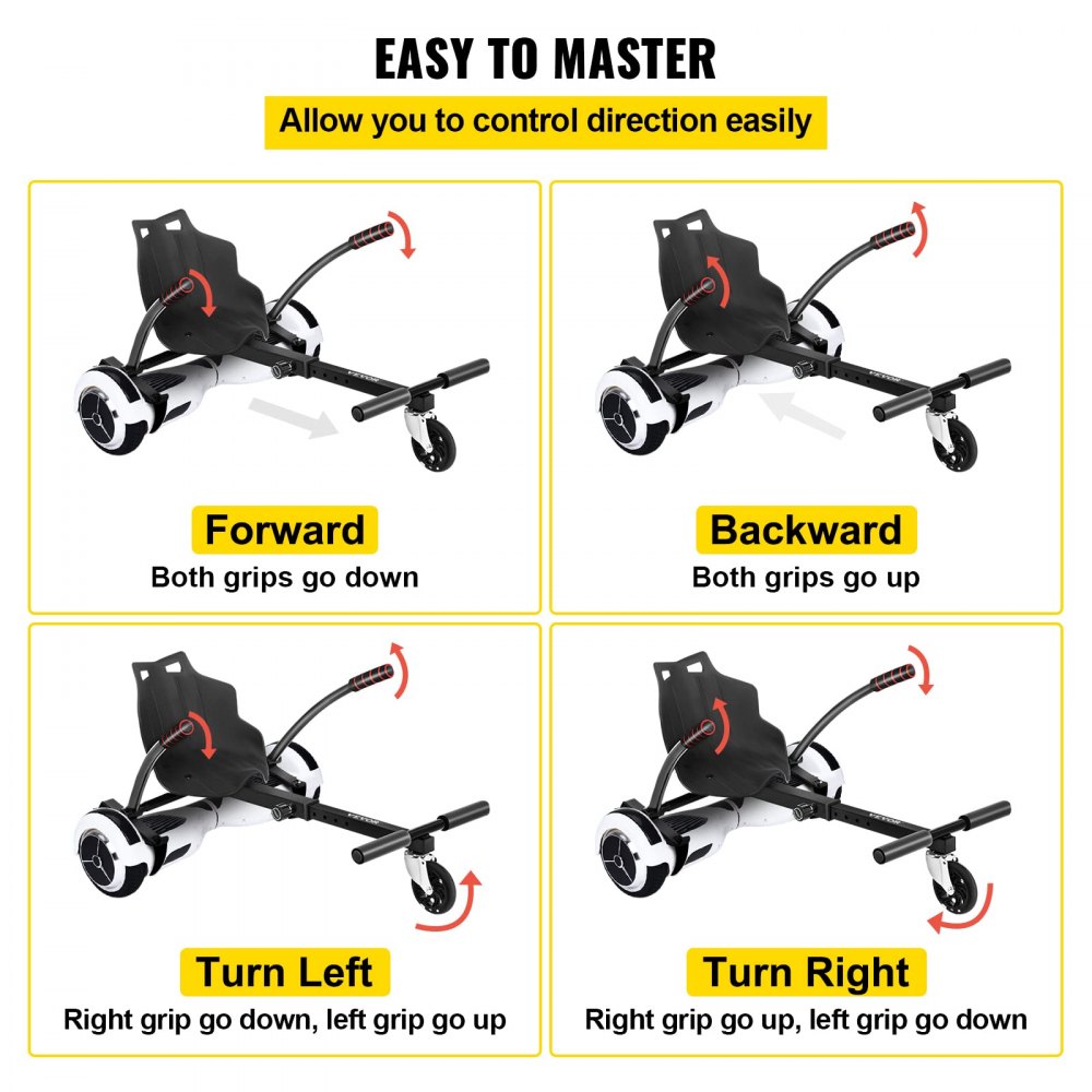 Guía de control de fijación del asiento del hoverboard VEVOR que muestra avance, retroceso, giro a la izquierda y giro a la derecha.