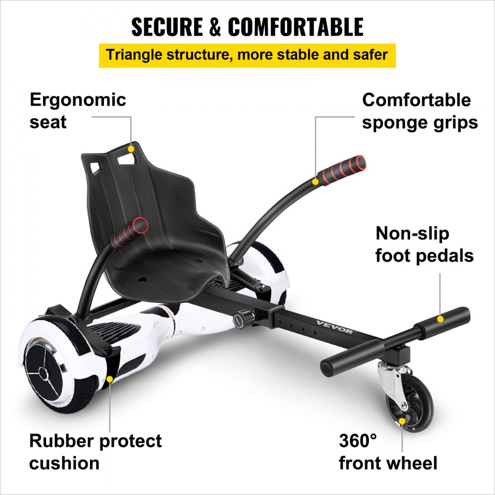 Accesorio de asiento para hoverboard VEVOR con asiento ergonómico y rueda delantera de 360°.