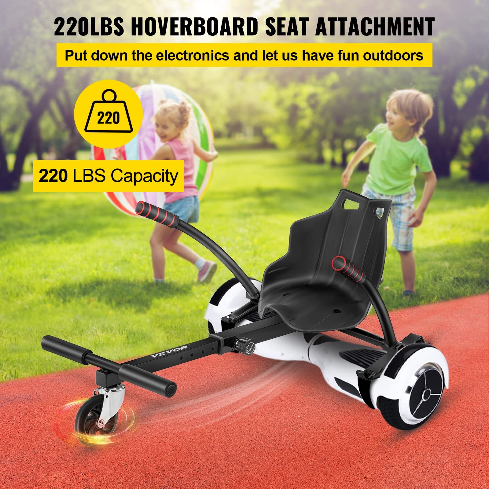 Accesorio de asiento de hoverboard VEVOR para niños con capacidad de 220 libras en configuración de parque.