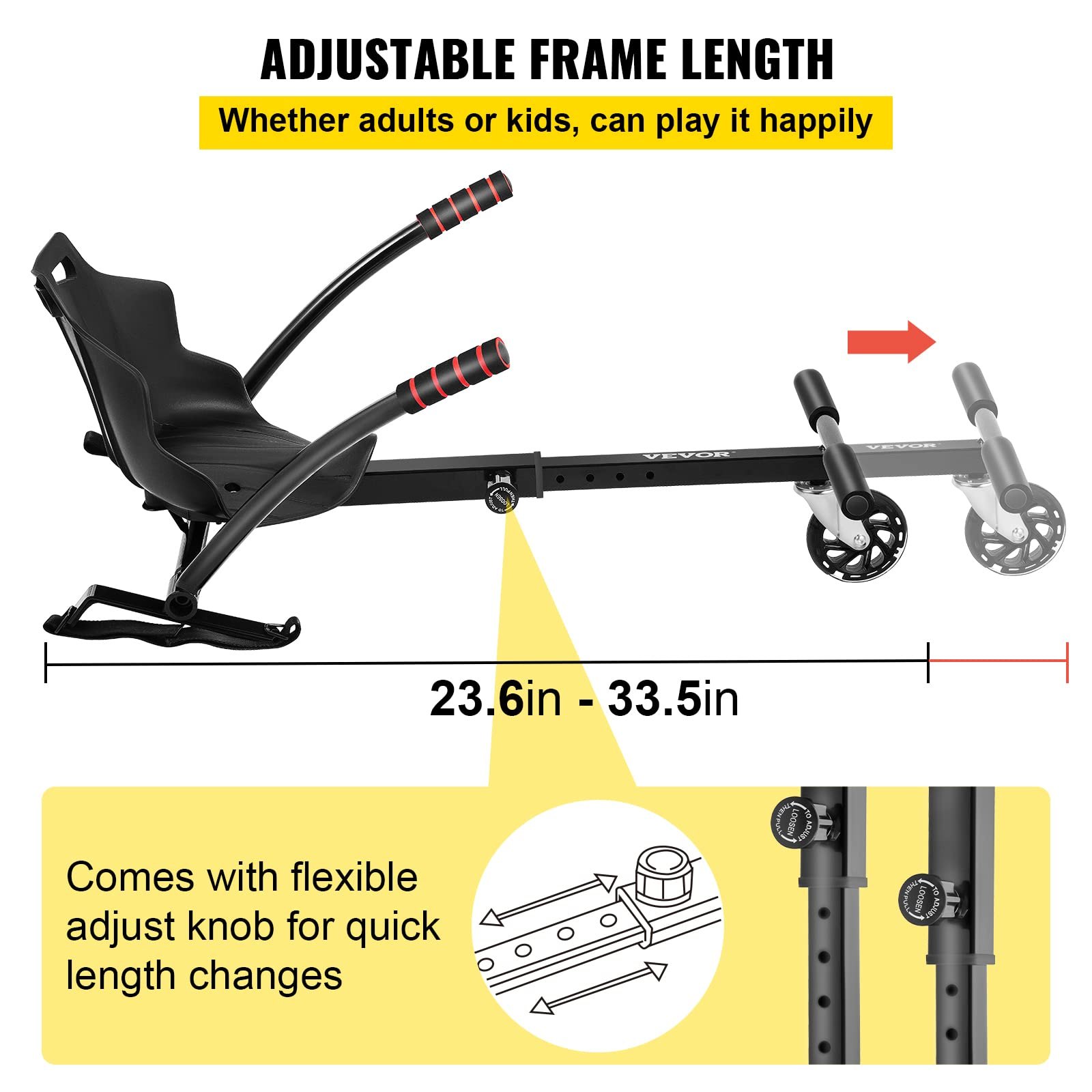 Accesorio de asiento para hoverboard VEVOR con longitud de marco ajustable de 23,6 pulgadas a 33,5 pulgadas.
