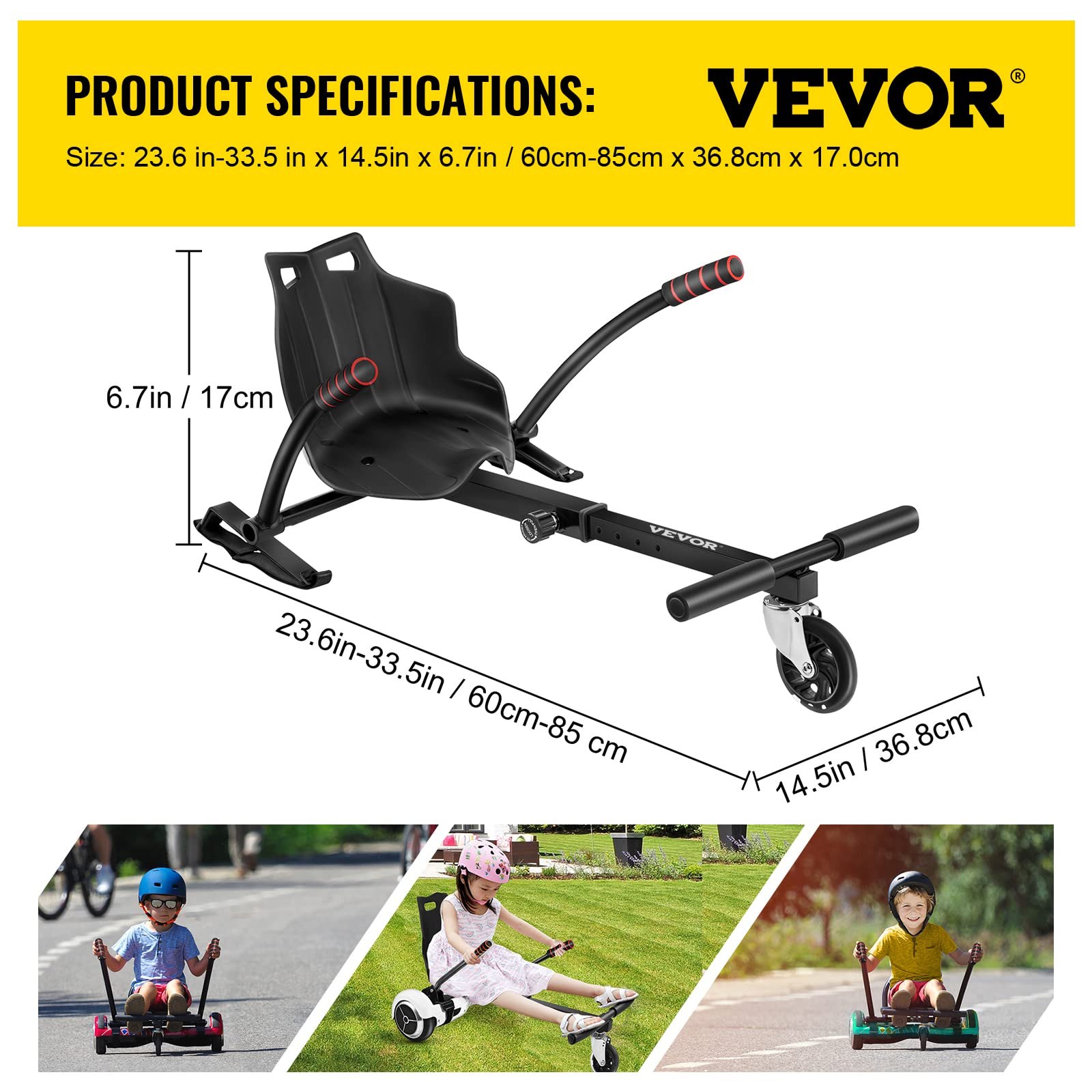 Accesorio de asiento para hoverboard VEVOR, tamaño ajustable, mostrado con niños viajando.