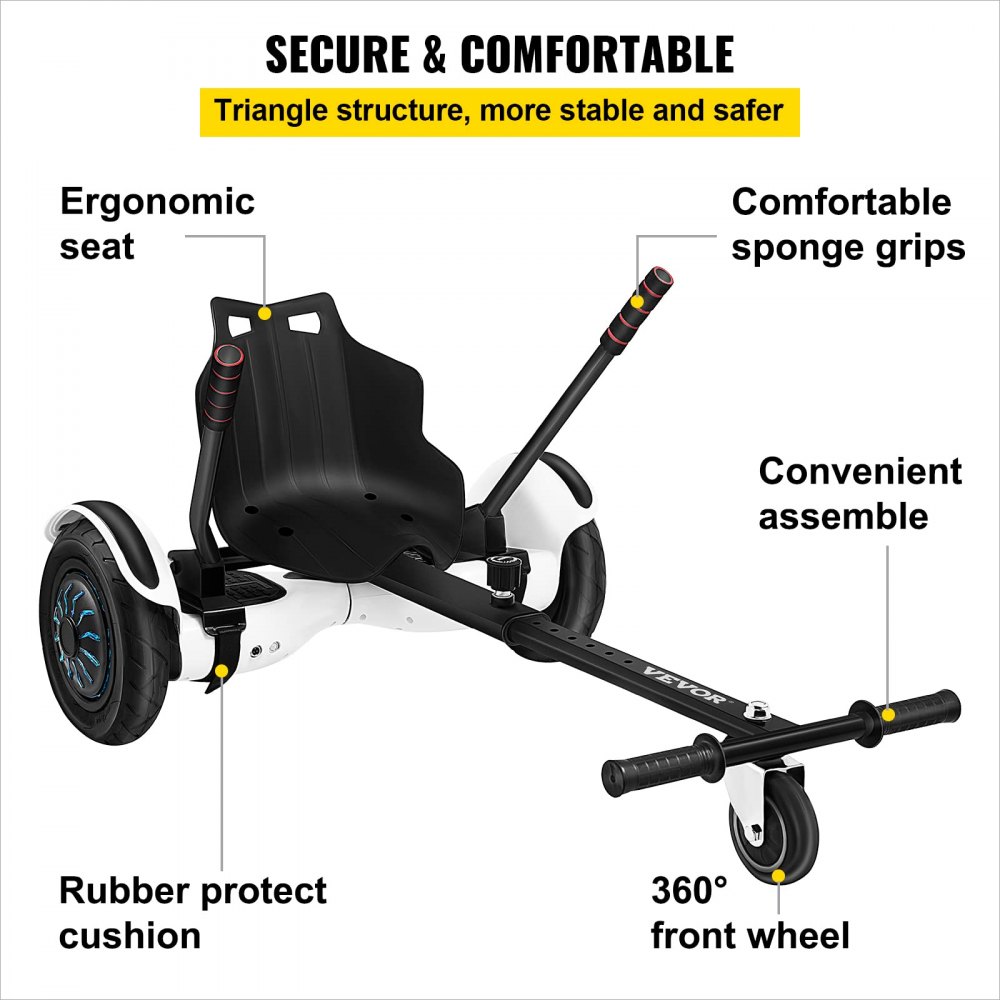 Accesorio de kart hoverboard VEVOR con asiento ergonómico, empuñaduras de esponja y rueda delantera de 360°.