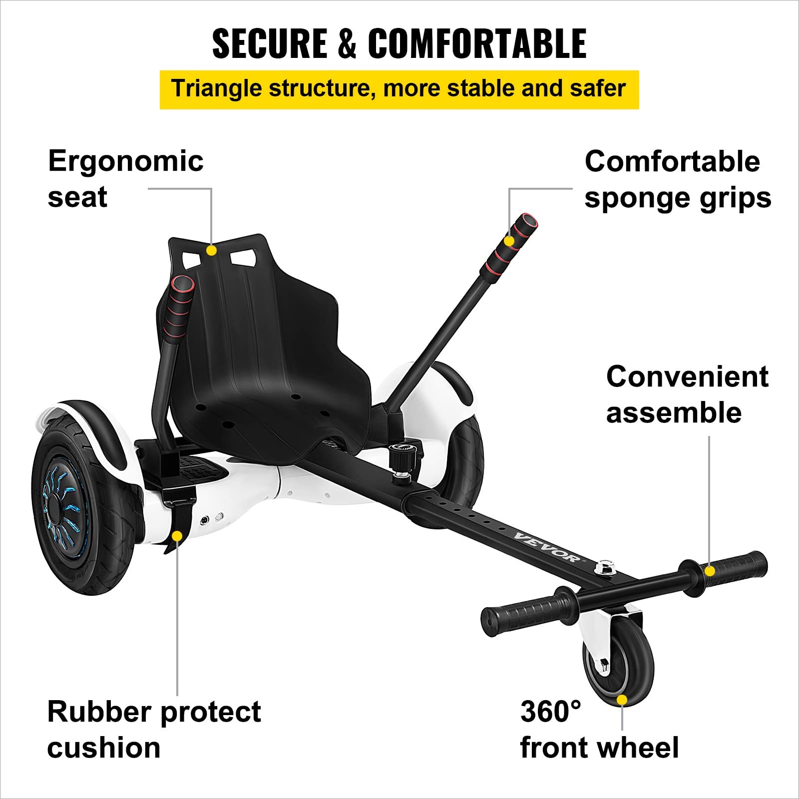 Accesorio de kart hoverboard VEVOR con asiento ergonómico, empuñaduras de esponja y rueda delantera de 360°.