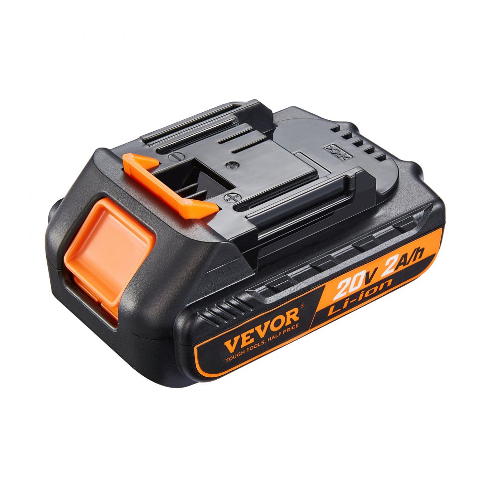 Batería de iones de litio VEVOR 20v, capacidad de 2ah, diseño negro y naranja con logotipo de la marca.