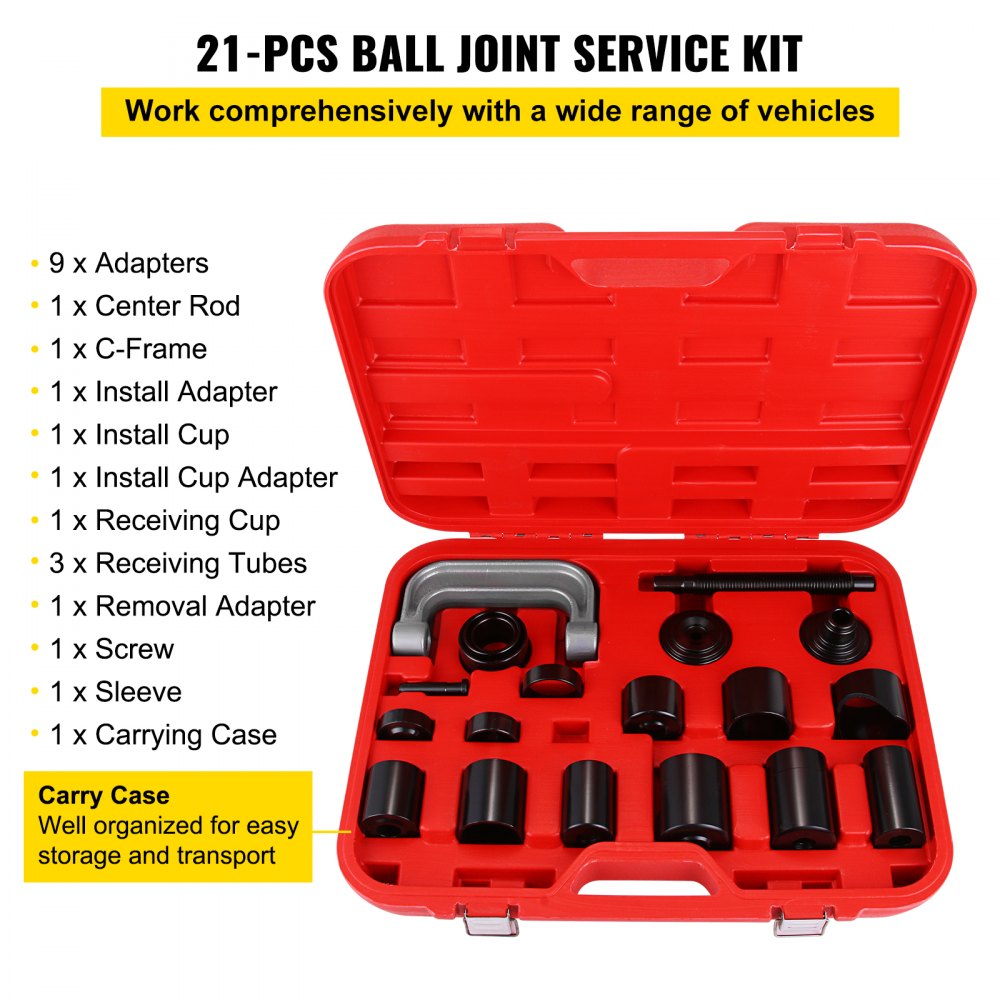 Kit de rótula VEVOR en estuche de transporte rojo con varios componentes expuestos profesionalmente.
