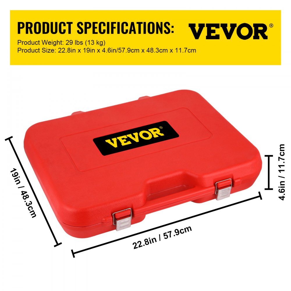 Estuche de transporte rojo etiquetado como VEVOR, que muestra las dimensiones del kit de rótula VEVOR.
