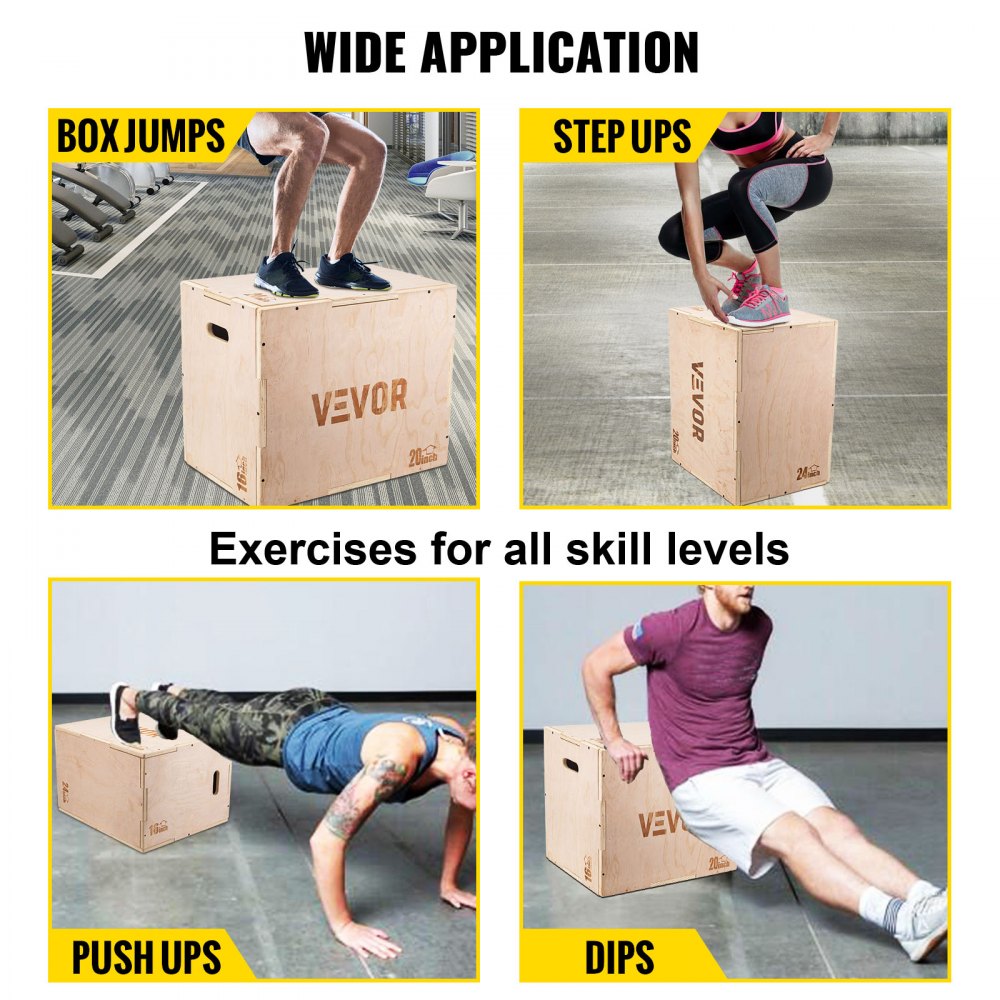 VEVOR 3 en 1 caja pliométrica de madera, caja pliométrica de salto, caja pliométrica fácil de montar para entrenadores de salto, entrenamiento y acondicionamiento (24/20/16 pulgadas)