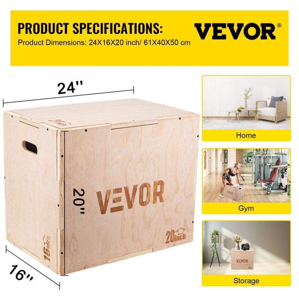 VEVOR 3 en 1 caja pliométrica de madera, caja pliométrica de salto, caja pliométrica fácil de montar para entrenadores de salto, entrenamiento y acondicionamiento (24/20/16 pulgadas)