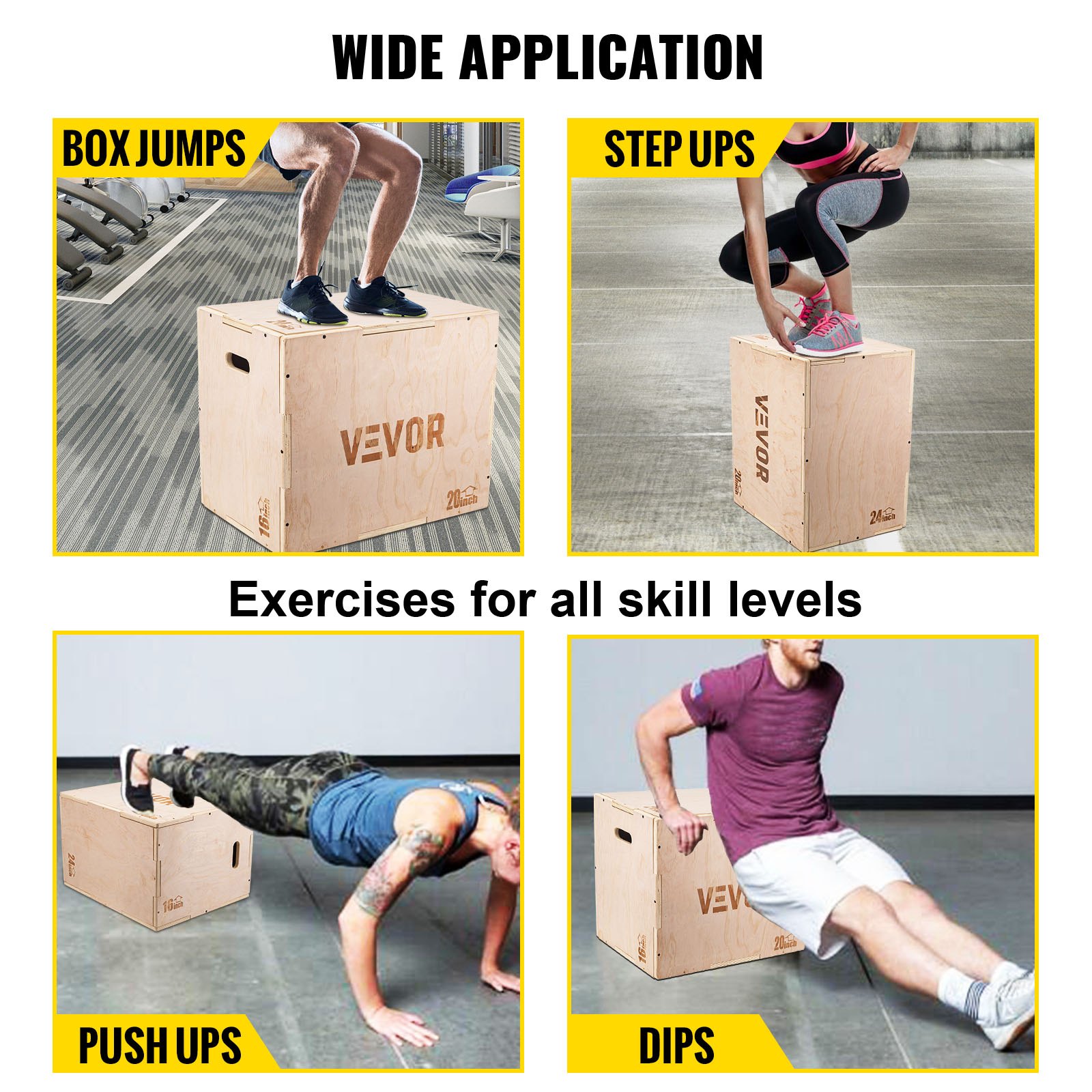VEVOR 3 en 1 caja pliométrica de madera, caja pliométrica de salto, caja pliométrica fácil de montar para entrenadores de salto, entrenamiento y acondicionamiento (24/20/16 pulgadas)