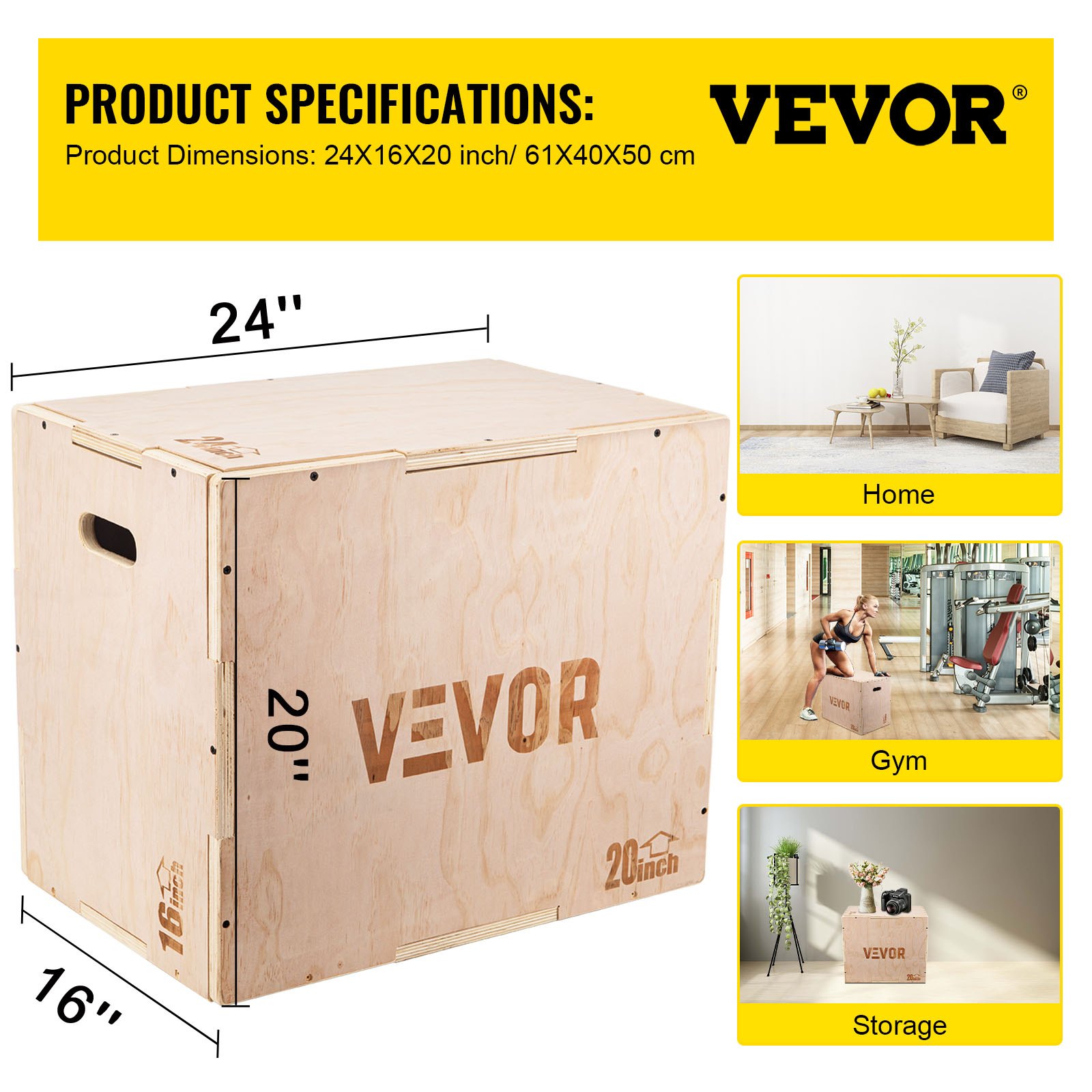 VEVOR 3 en 1 caja pliométrica de madera, caja pliométrica de salto, caja pliométrica fácil de montar para entrenadores de salto, entrenamiento y acondicionamiento (24/20/16 pulgadas)