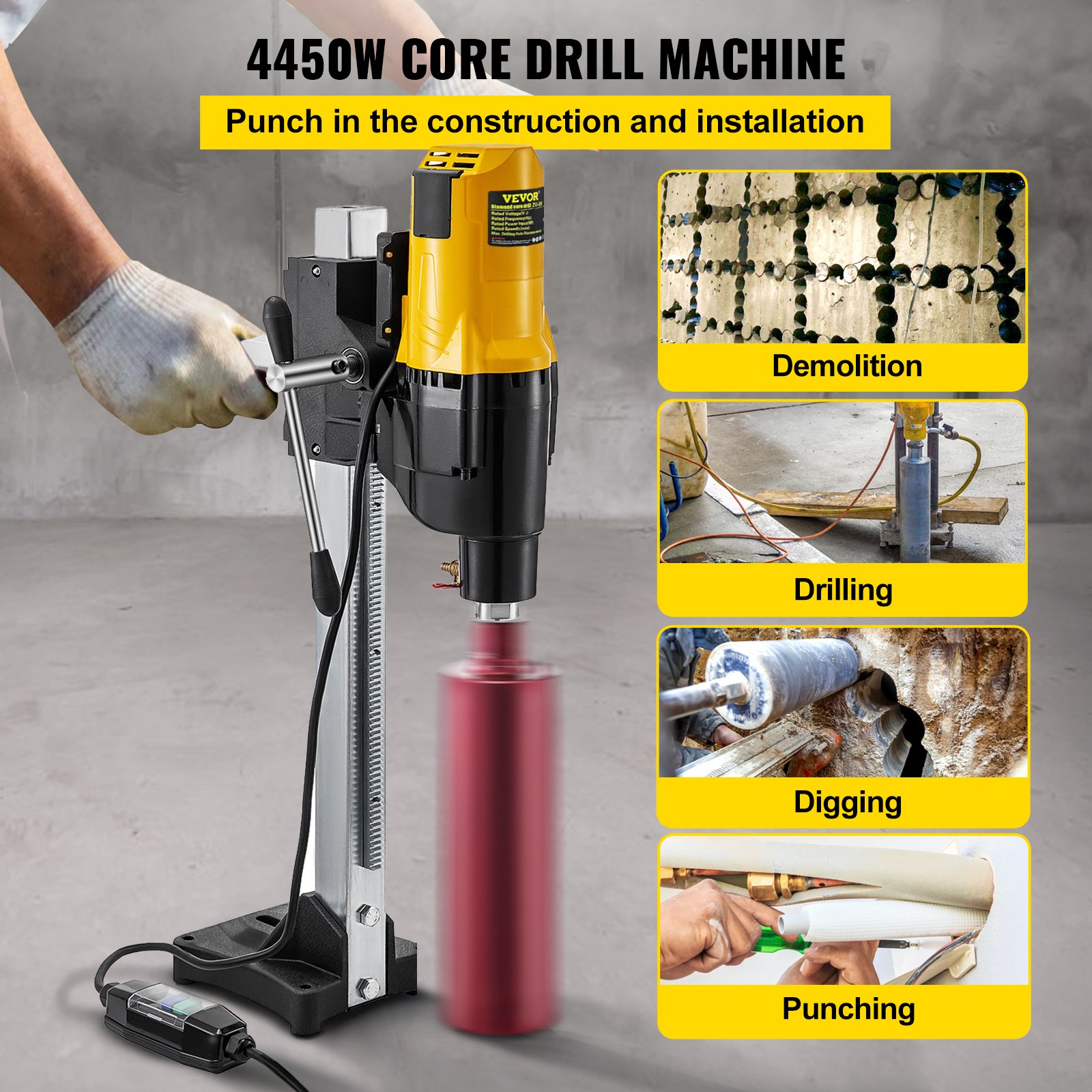 VEVOR 4450W Wet Dry Variable Speed Diamond Core Drilling Machine Ø 255mm con soporte