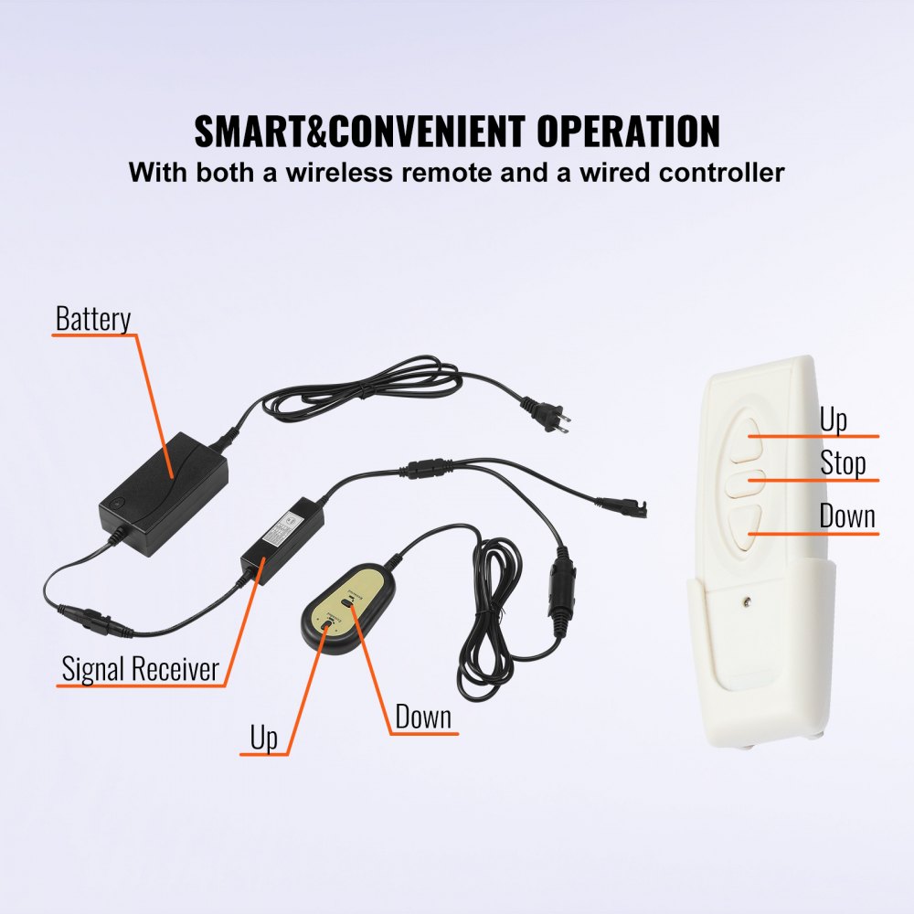 Sistema de control de elevación de TV motorizado VEVOR que muestra control remoto, batería y receptor de señal.