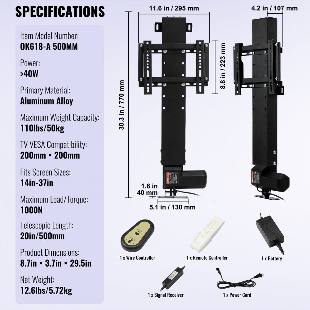 Elevador de TV motorizado VEVOR con longitud telescópica de 500 mm, admite pantallas de 14 a 37 pulgadas.