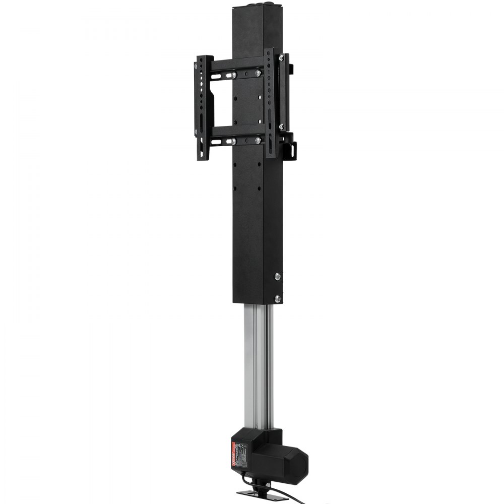 Elevador de TV motorizado con estructura de metal negro y columna ajustable plateada