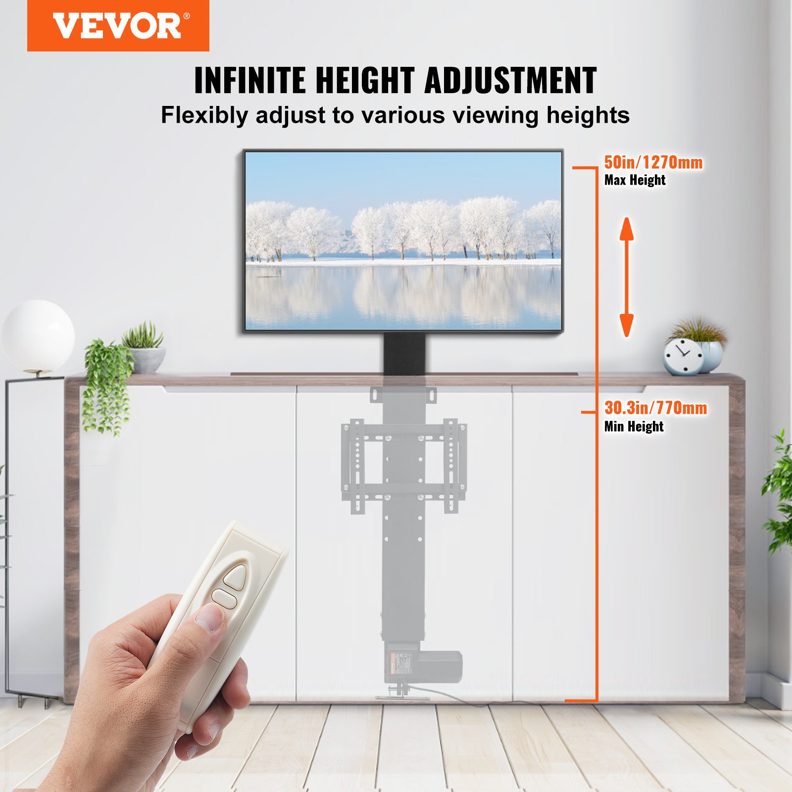 Elevador de TV motorizado VEVOR con control remoto para ajuste de altura infinito hasta 50 pulgadas.