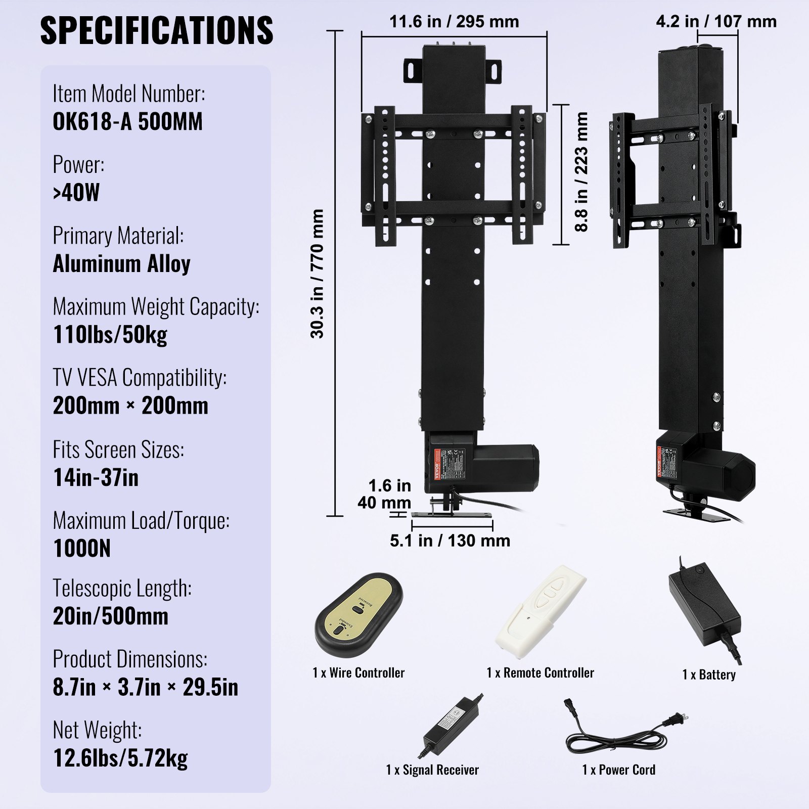 Elevador de TV motorizado VEVOR con longitud telescópica de 500 mm, admite pantallas de 14 a 37 pulgadas.