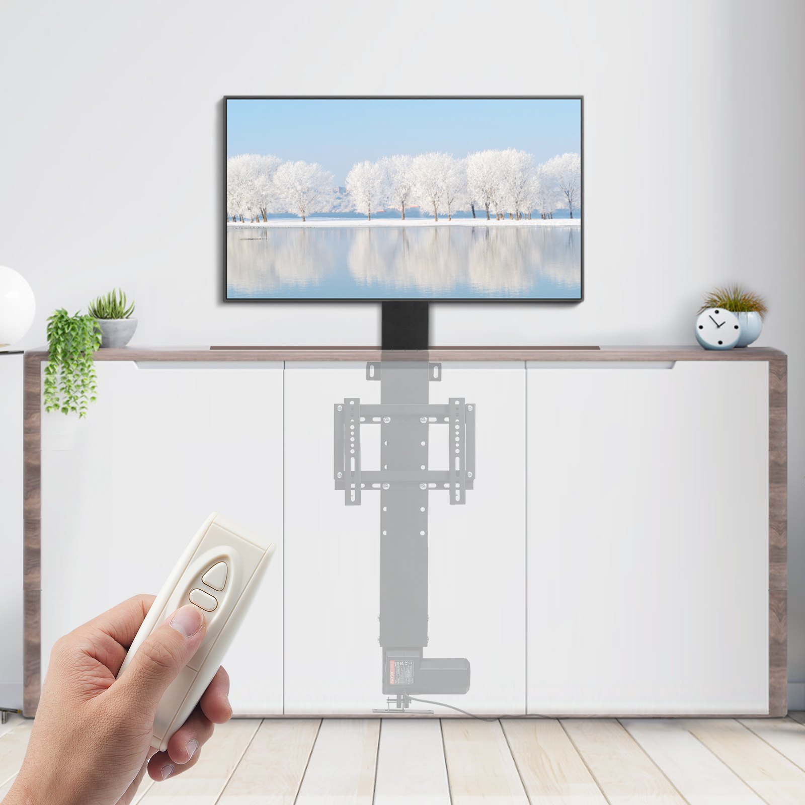 Elevador de TV motorizado VEVOR operado a mano en una moderna configuración de sala de estar.