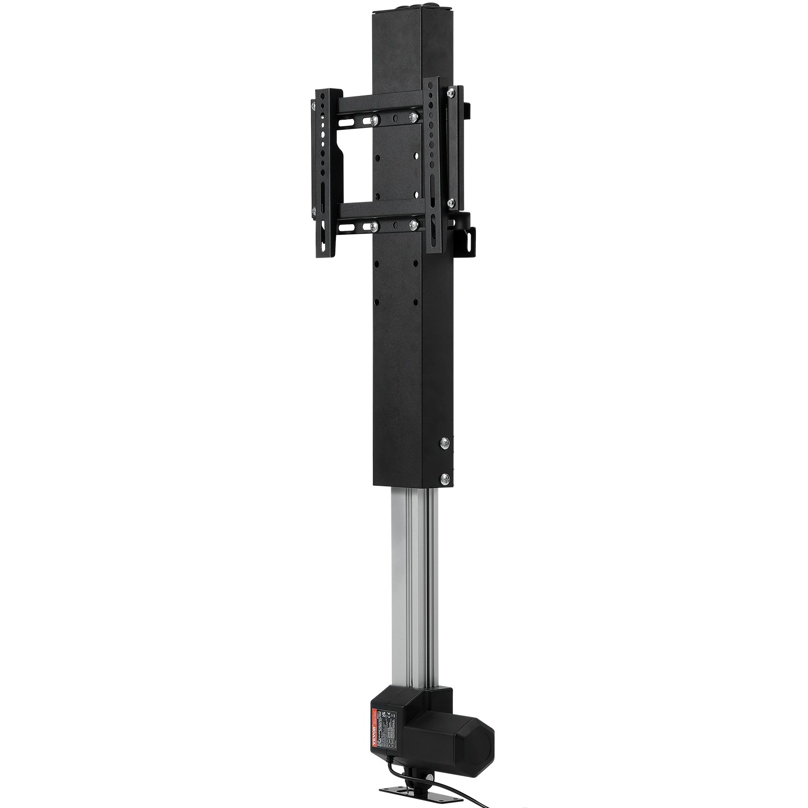 Elevador de TV motorizado con estructura de metal negro y columna ajustable plateada
