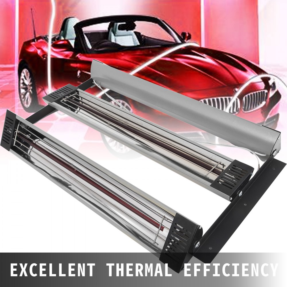 Lámpara de curado de pintura VEVOR con fondo de coche deportivo rojo y texto &quot;excelente eficiencia térmica&quot;.
