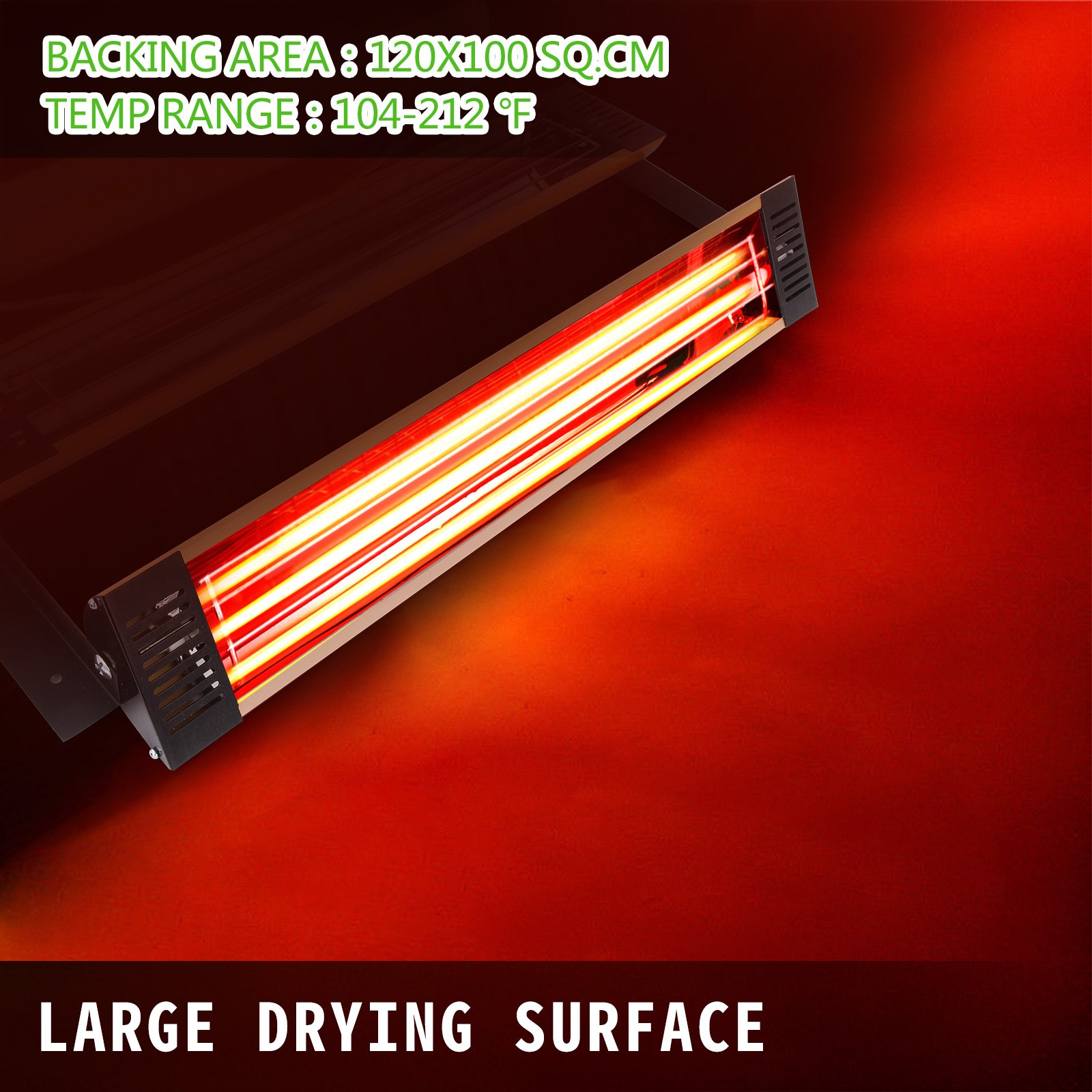 Lámpara de curado de pintura VEVOR con gran superficie de secado y rango de temperatura de 104-212 °F.