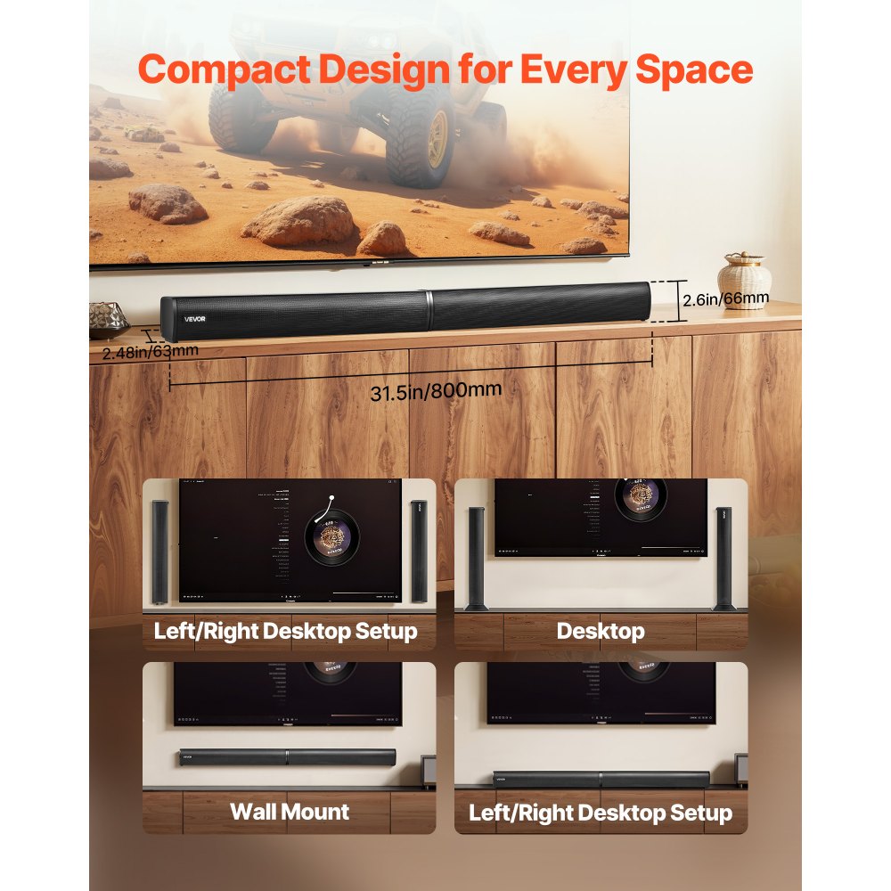 Barra de sonido VEVOR para Smart TV, 2.0 canales, altavoces 2 en 1 desmontables para TV de 32 pulgadas, con conexión Bluetooth, HDMI, AUX y USB, control remoto, sistema de sonido envolvente de 80 W, para cine en casa.