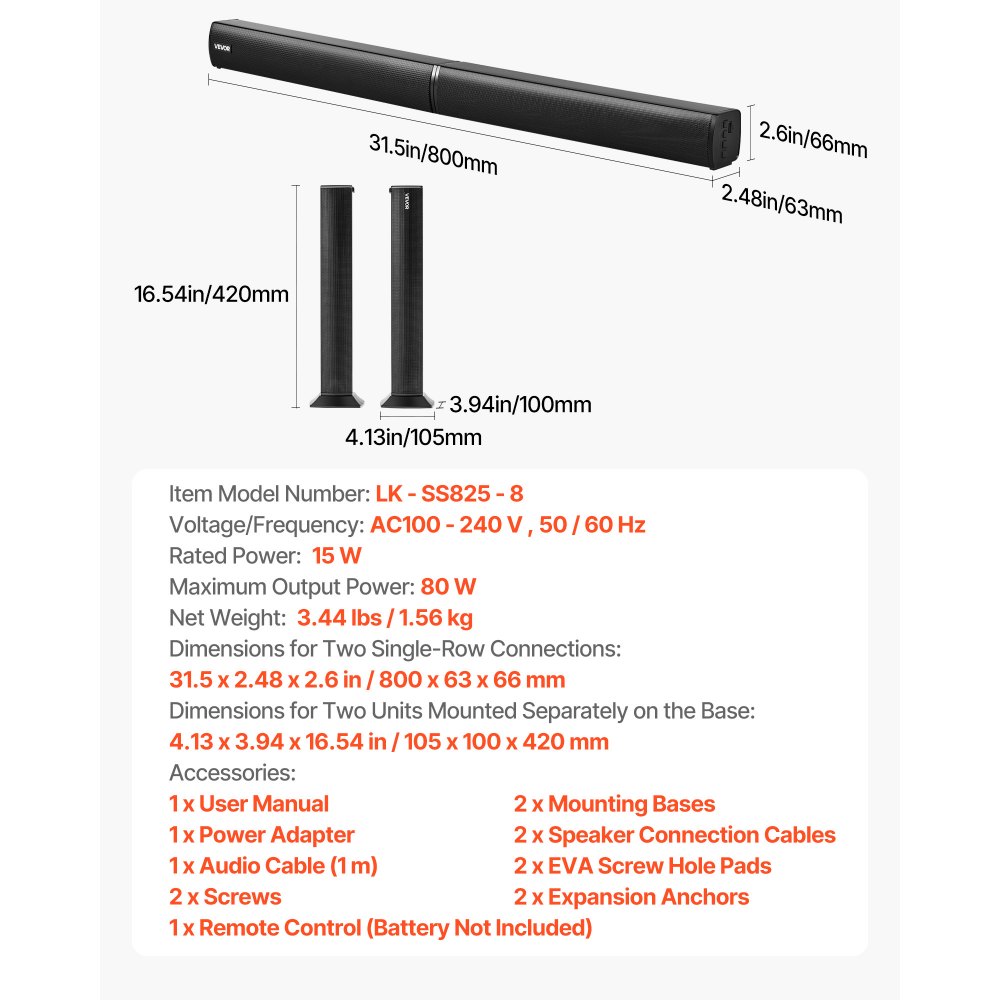 Barra de sonido VEVOR para Smart TV, 2.0 canales, altavoces 2 en 1 desmontables para TV de 32 pulgadas, con conexión Bluetooth, HDMI, AUX y USB, control remoto, sistema de sonido envolvente de 80 W, para cine en casa.