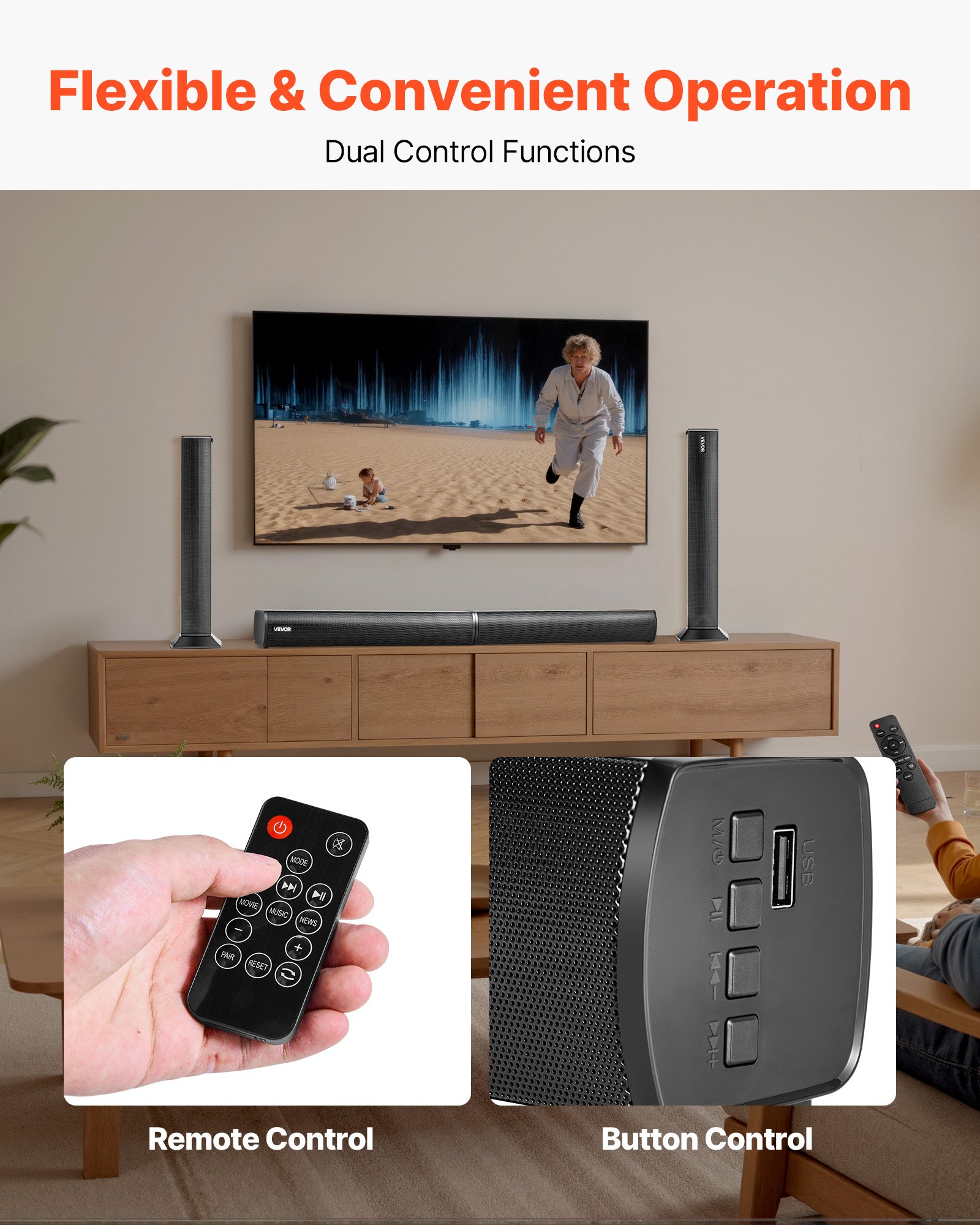 Barra de sonido VEVOR para Smart TV, 2.0 canales, altavoces 2 en 1 desmontables para TV de 32 pulgadas, con conexión Bluetooth, HDMI, AUX y USB, control remoto, sistema de sonido envolvente de 80 W, para cine en casa.