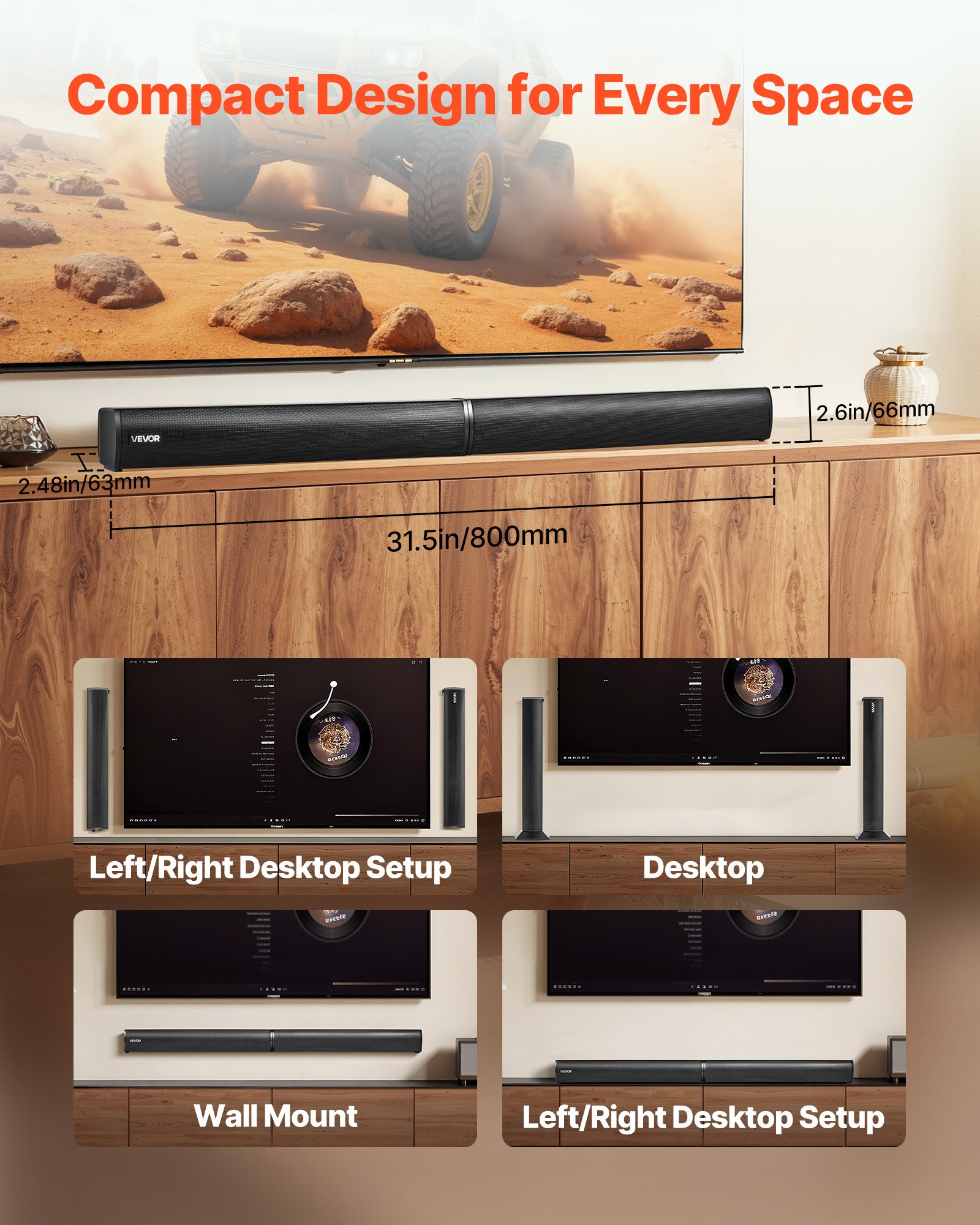 Barra de sonido VEVOR para Smart TV, 2.0 canales, altavoces 2 en 1 desmontables para TV de 32 pulgadas, con conexión Bluetooth, HDMI, AUX y USB, control remoto, sistema de sonido envolvente de 80 W, para cine en casa.