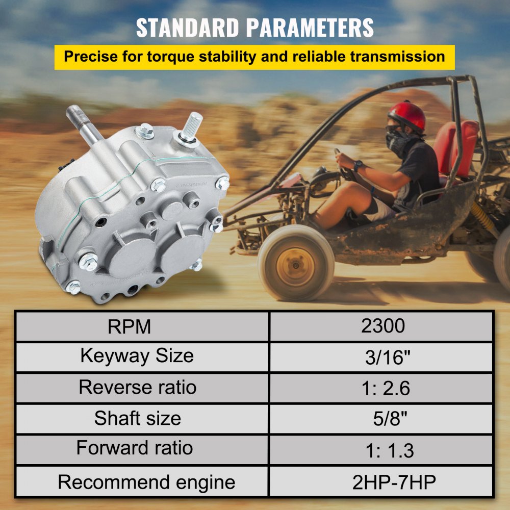 Caja de cambios para karts VEVOR con especificaciones y antecedentes de karts todoterreno.