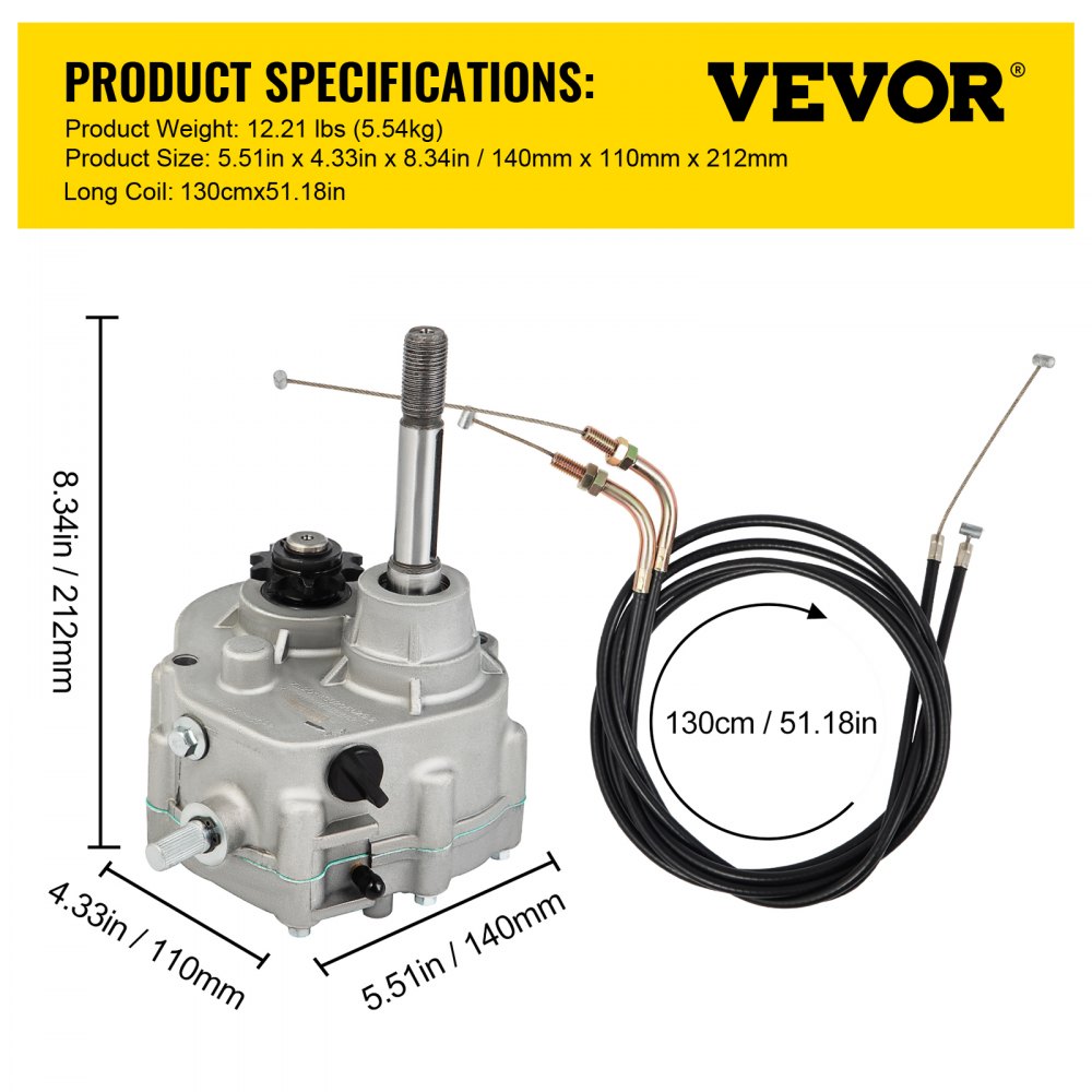 Caja de cambios para kart VEVOR con cables y dimensiones resaltadas en fondo amarillo.