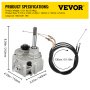 Caja de cambios para kart VEVOR con cables y dimensiones resaltadas en fondo amarillo.