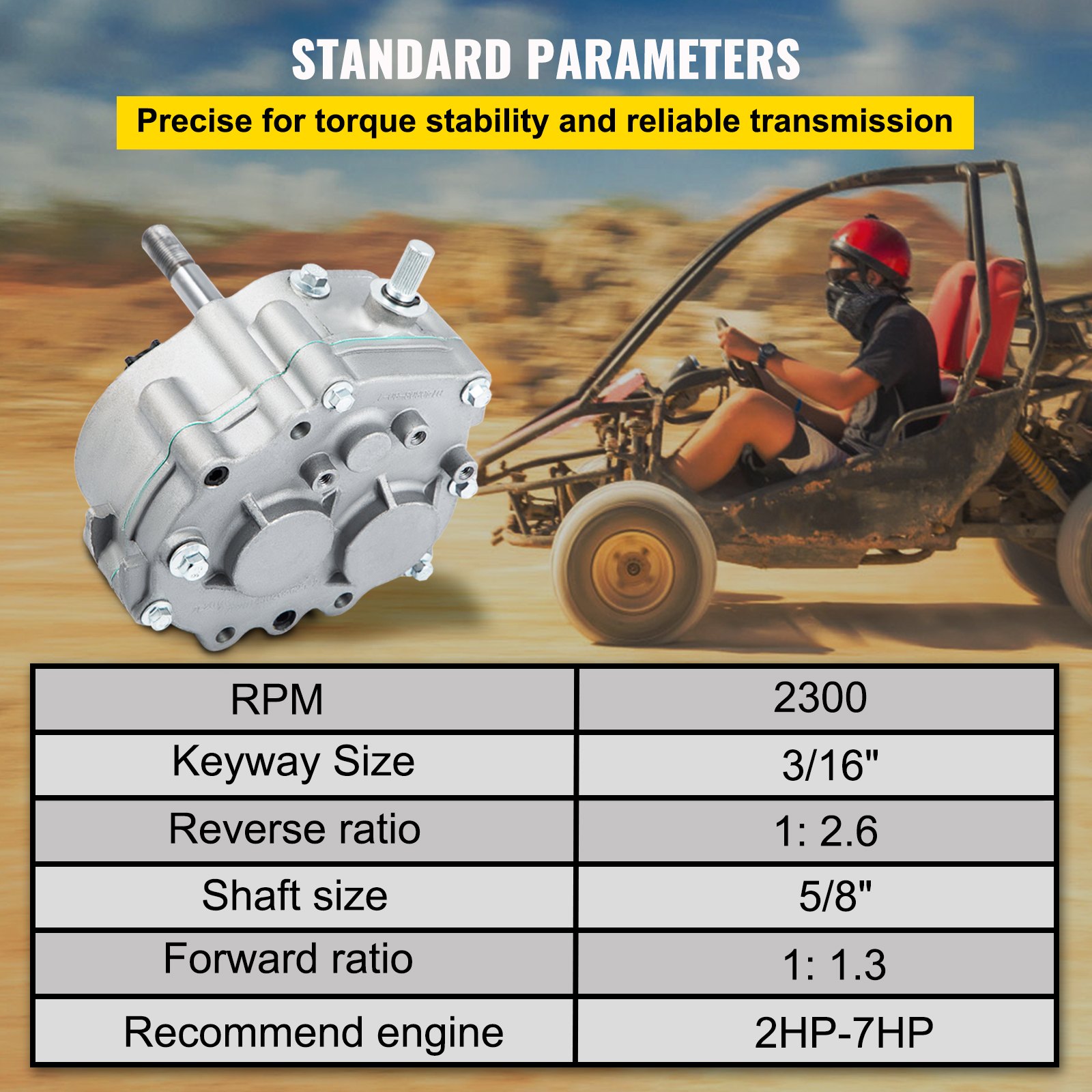 Caja de cambios para karts VEVOR con especificaciones y antecedentes de karts todoterreno.