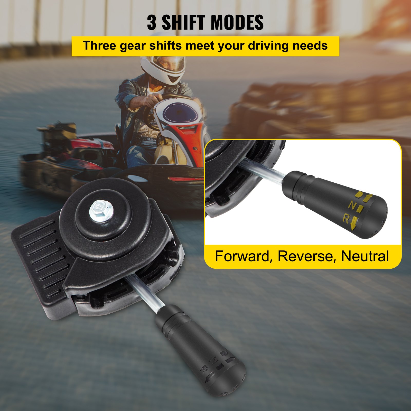 Caja de cambios para kart VEVOR con 3 modos de cambio: avance, retroceso, punto muerto.